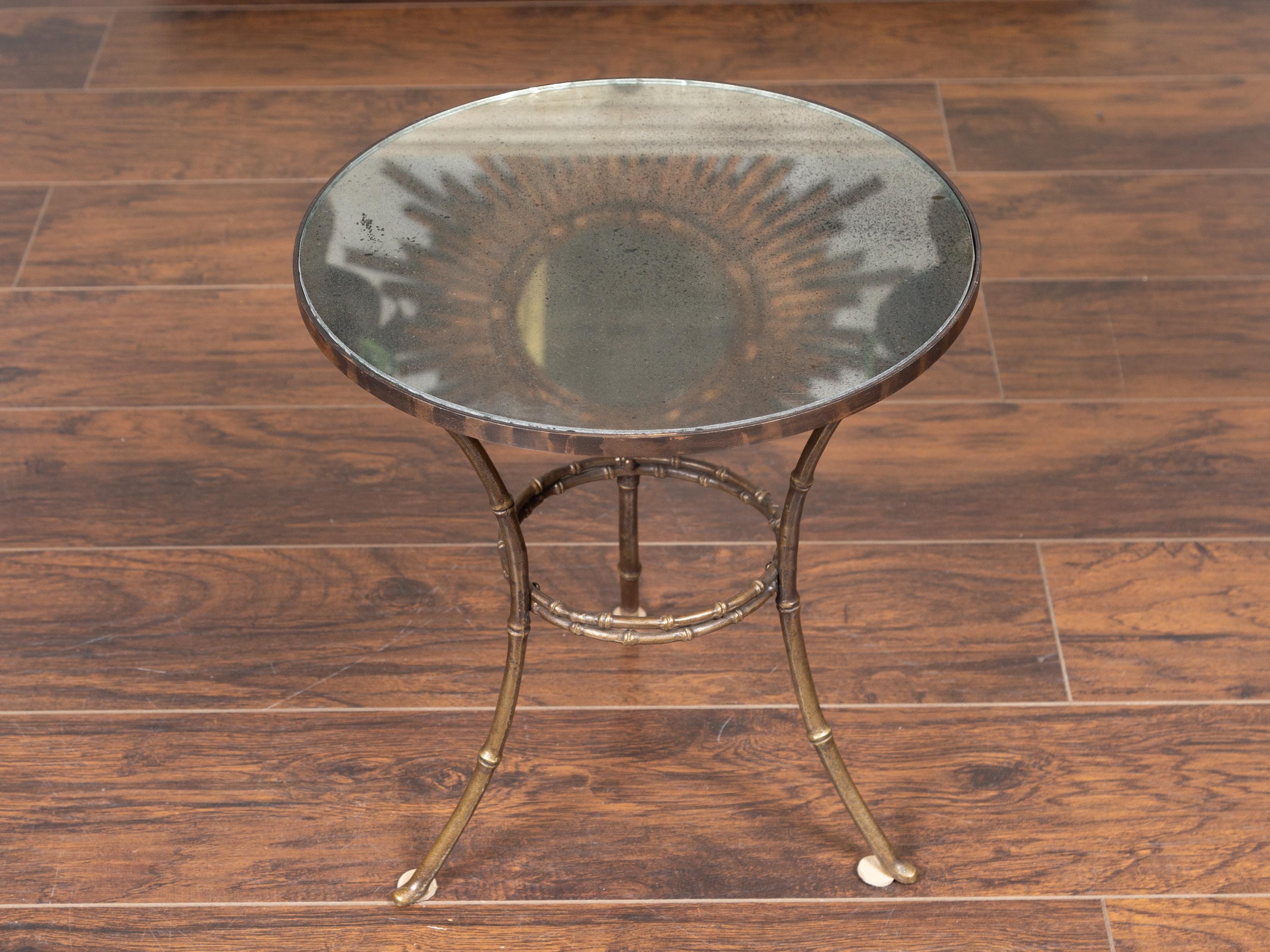 French Midcentury Brass Faux-Bamboo Style Side Table with Antiqued Mirror Top 2