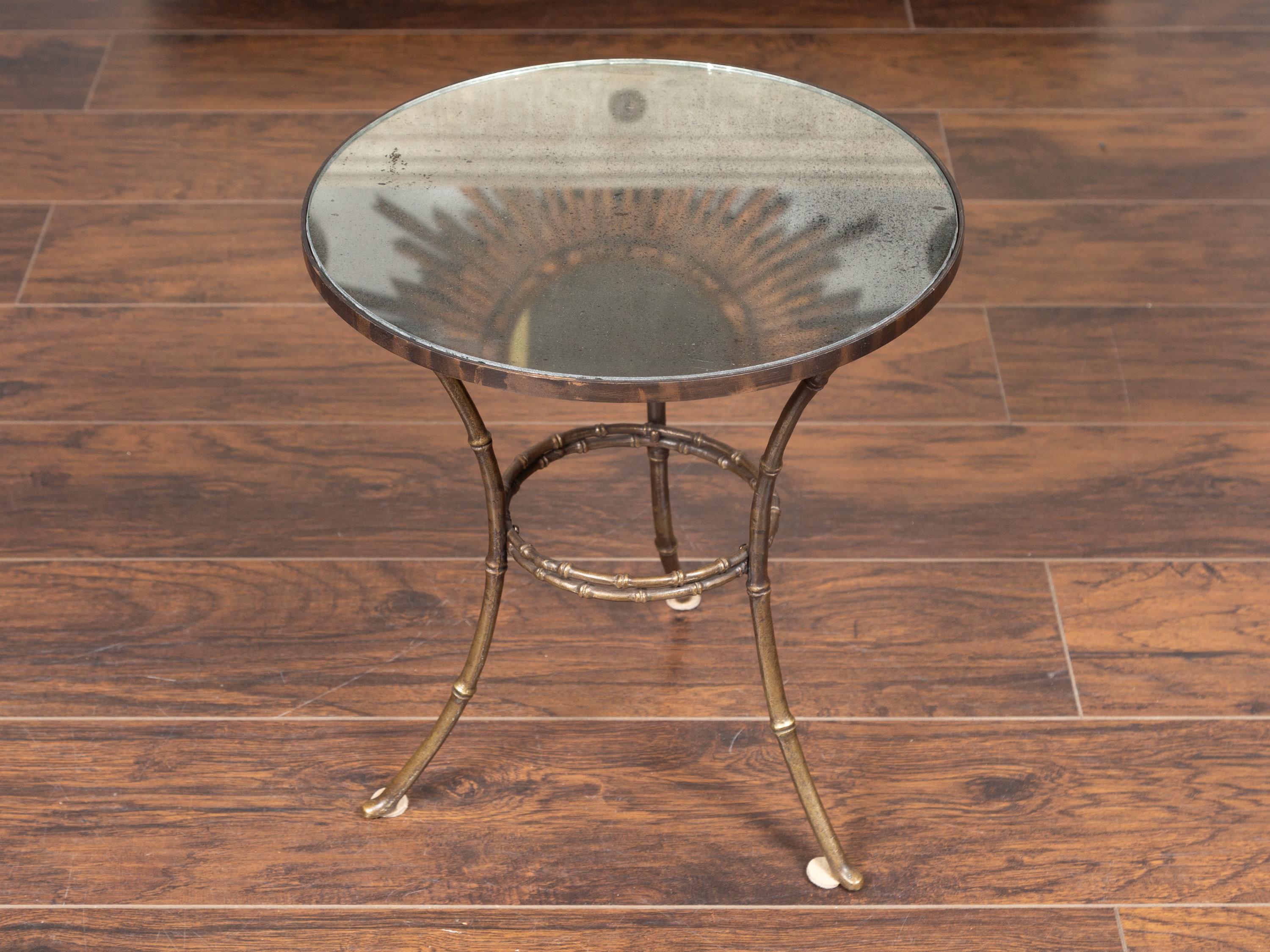 French Midcentury Brass Faux-Bamboo Style Side Table with Antiqued Mirror Top 4