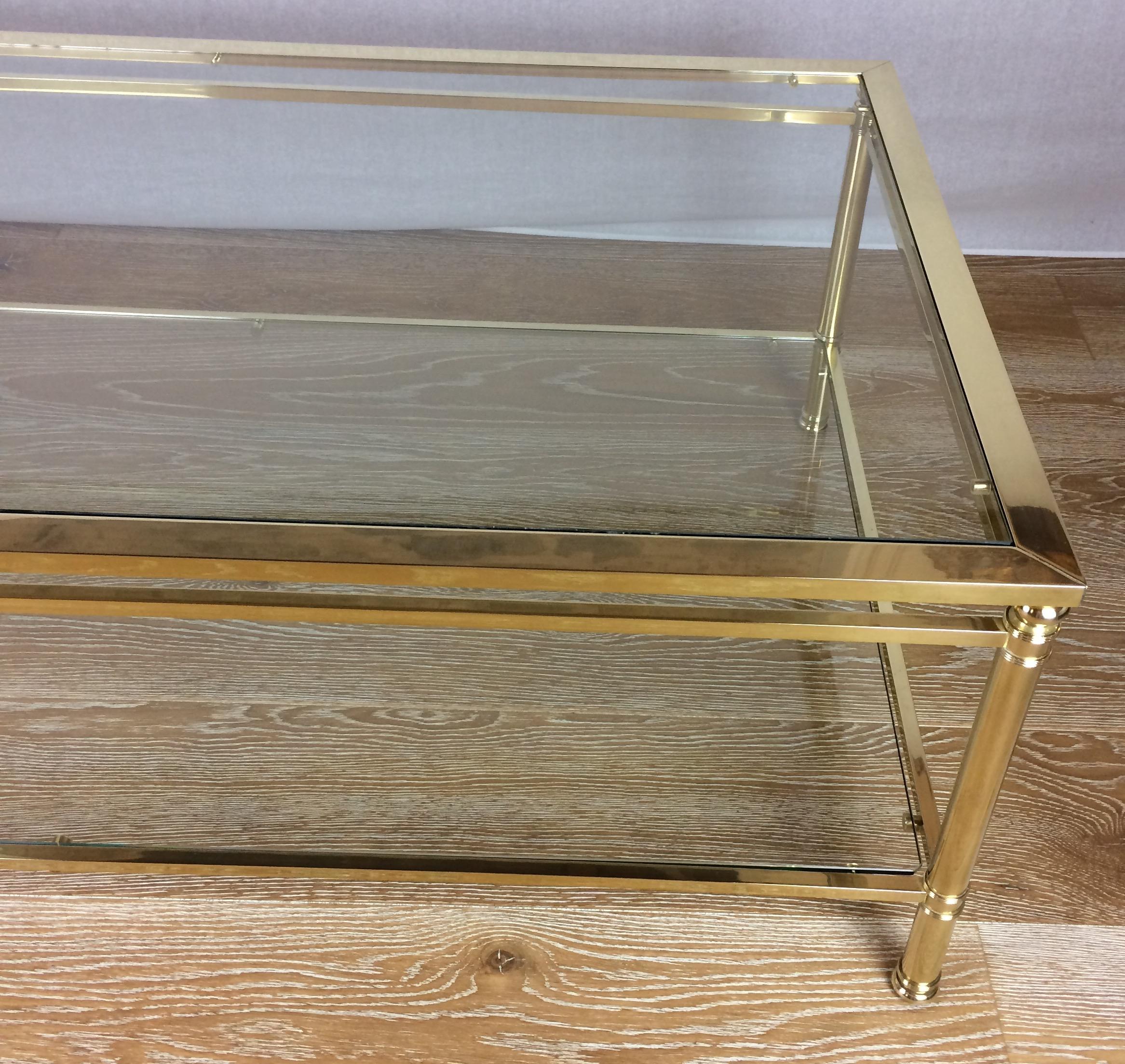 20th Century Midcentury Brass and Glass Tow-Tiered Coffee Table Attributed to Maison Jansen