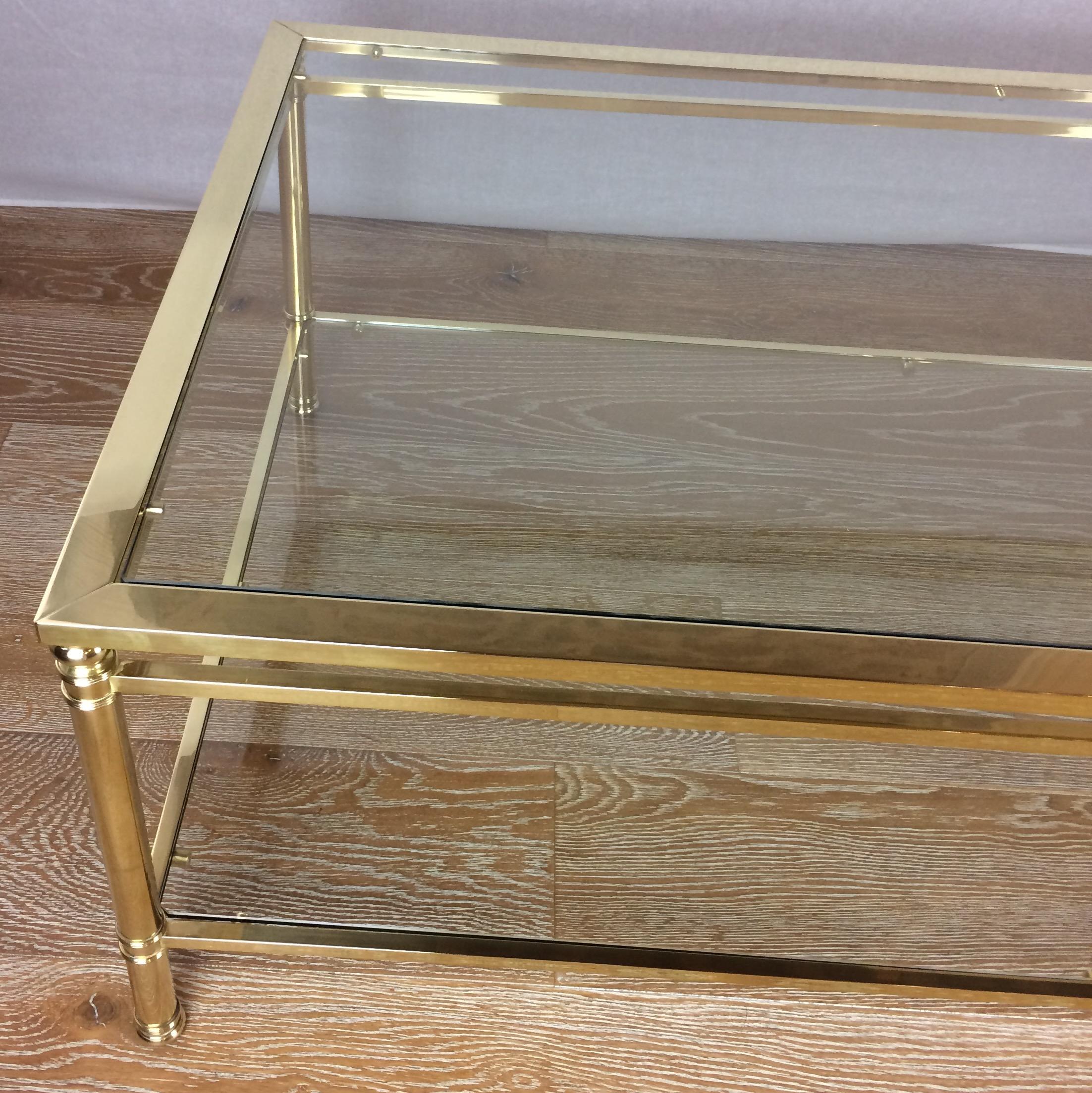 Midcentury Brass and Glass Tow-Tiered Coffee Table Attributed to Maison Jansen 1