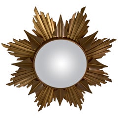 French Mid-Century Era Brass Sunburst and Fluted Arrow Rayed Convex Wall Mirror