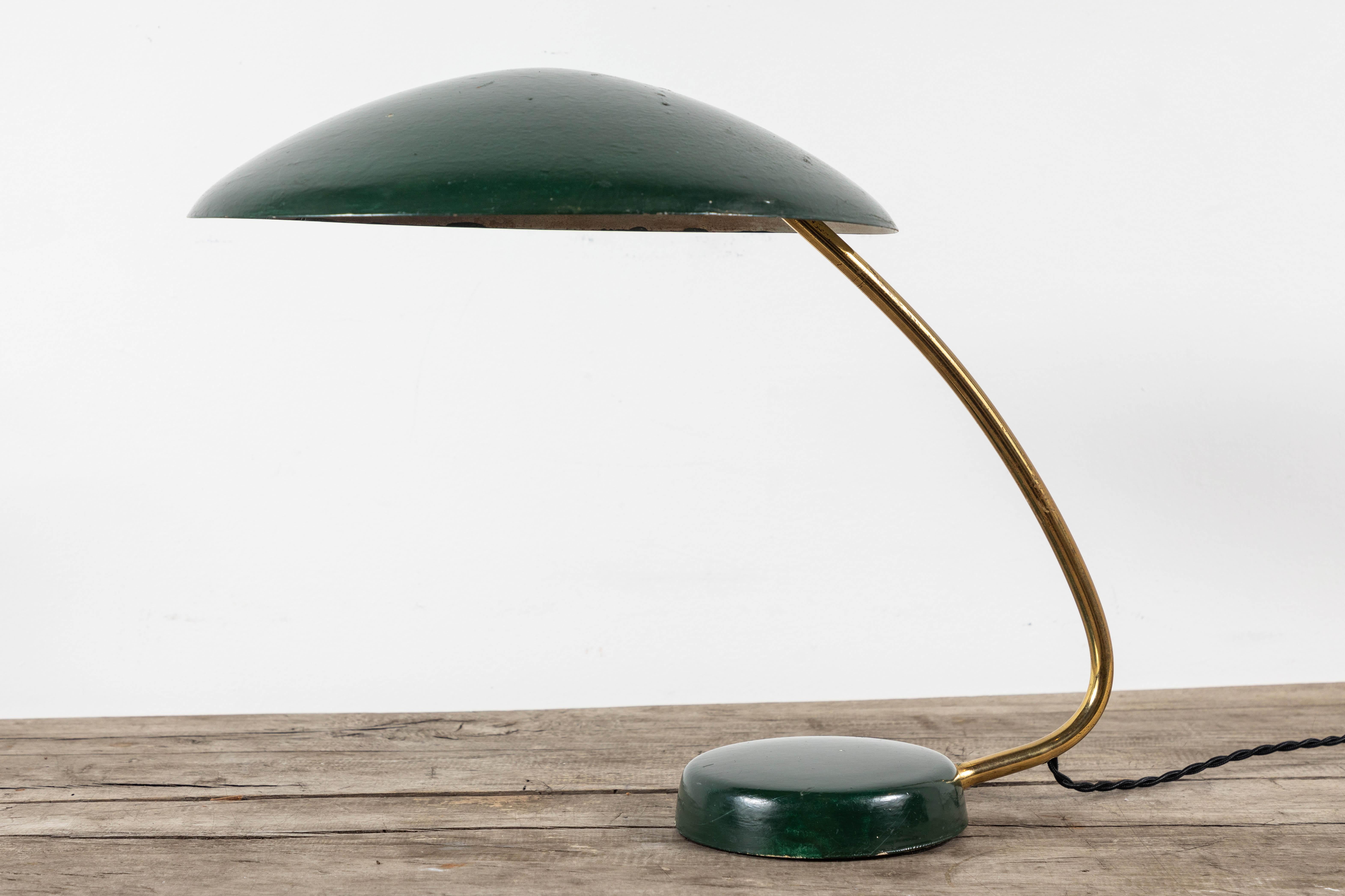 French Midcentury Brass Table Lamp with Green Painted Shade and Base 2