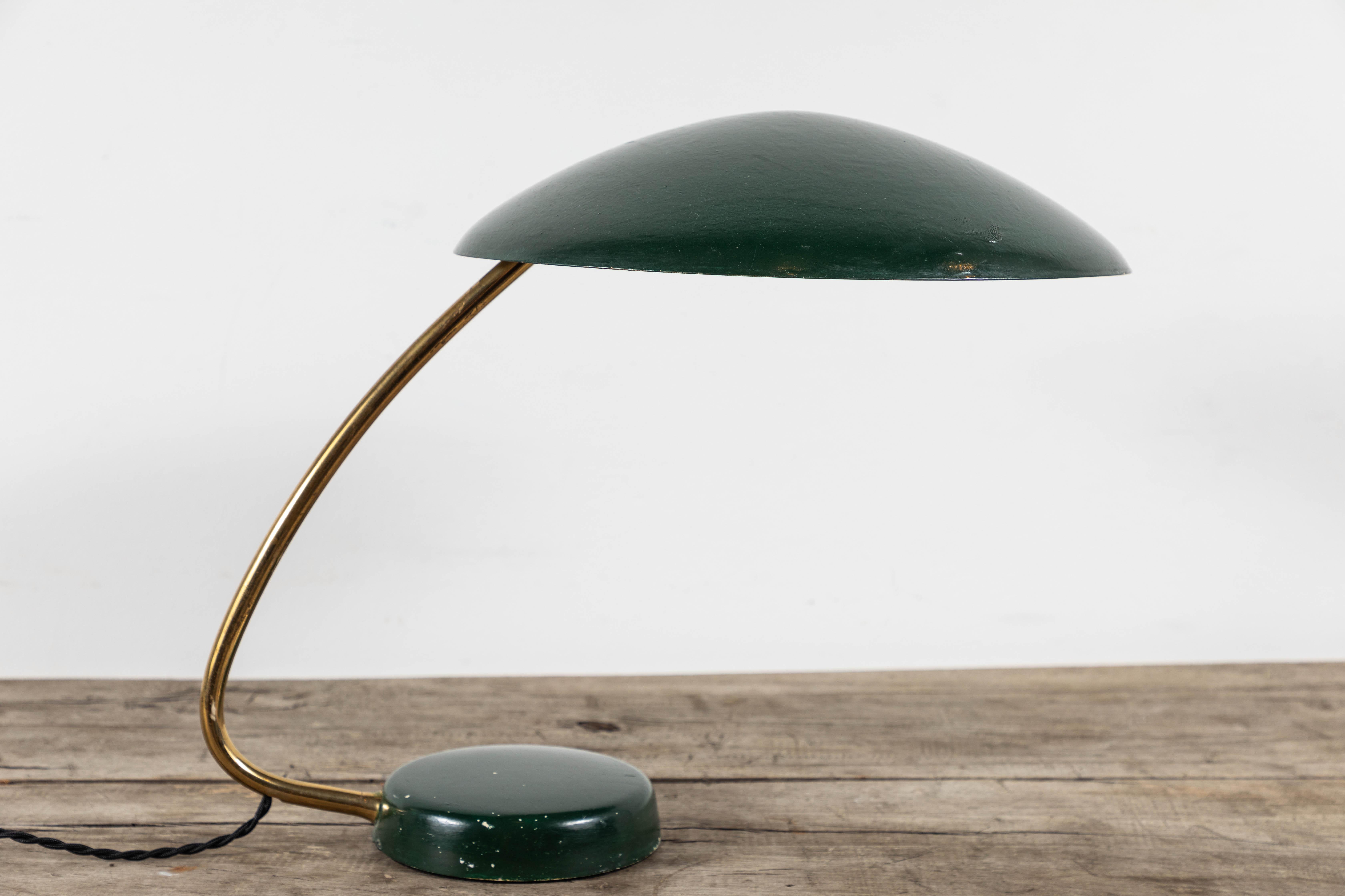 French Midcentury Brass Table Lamp with Green Painted Shade and Base 4