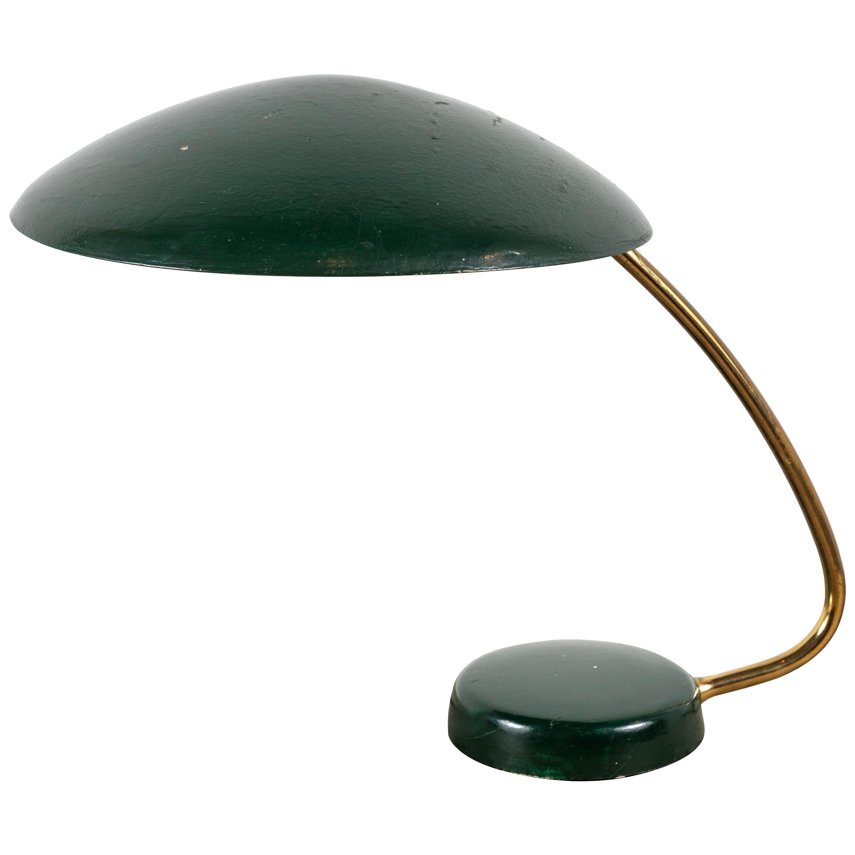 French Midcentury Brass Table Lamp with Green Painted Shade and Base