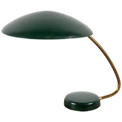 French Midcentury Brass Table Lamp with Green Painted Shade and Base