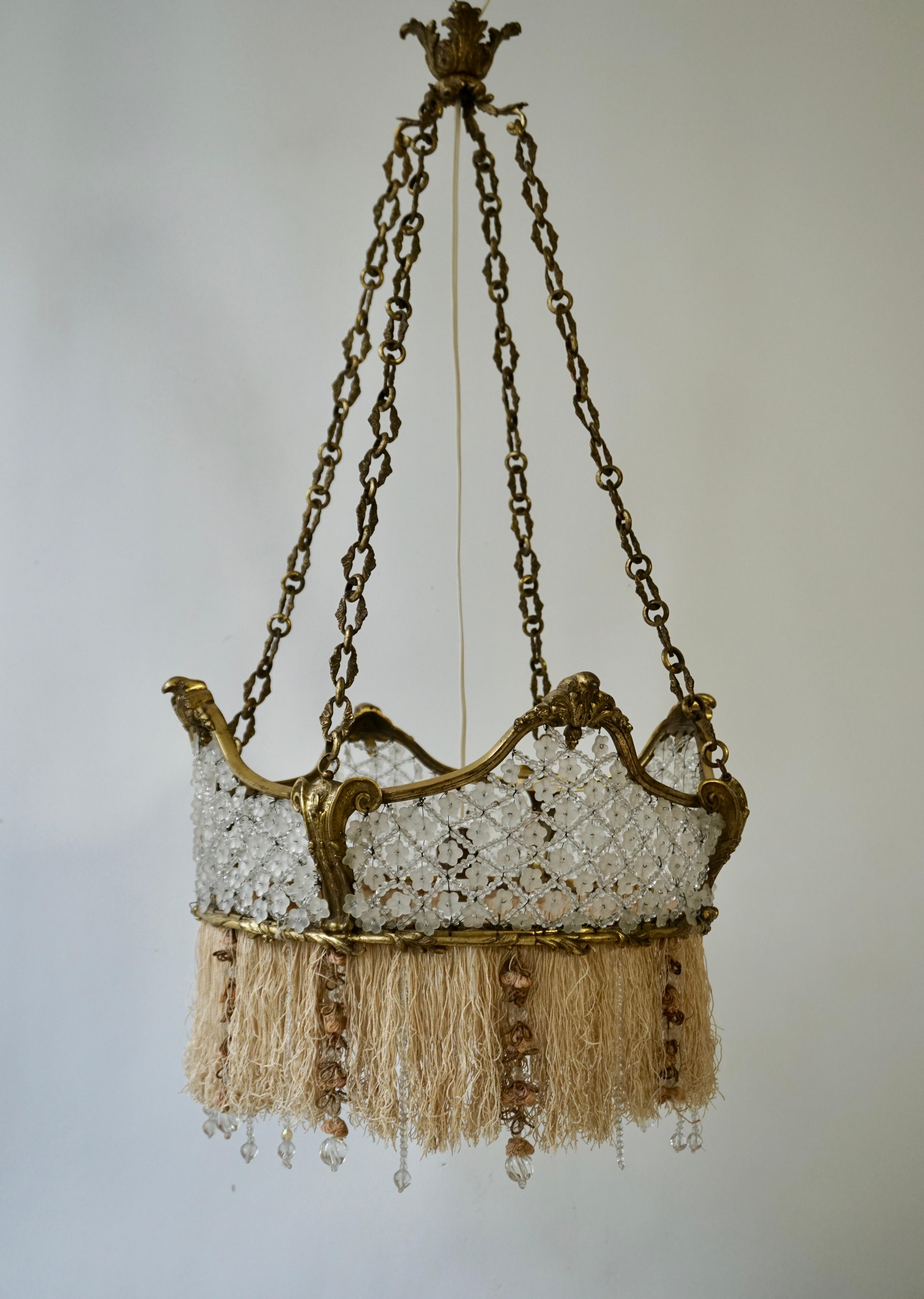 20th Century French Midcentury Bronze and Glass Flower Crown Chandelier with Gold Accents