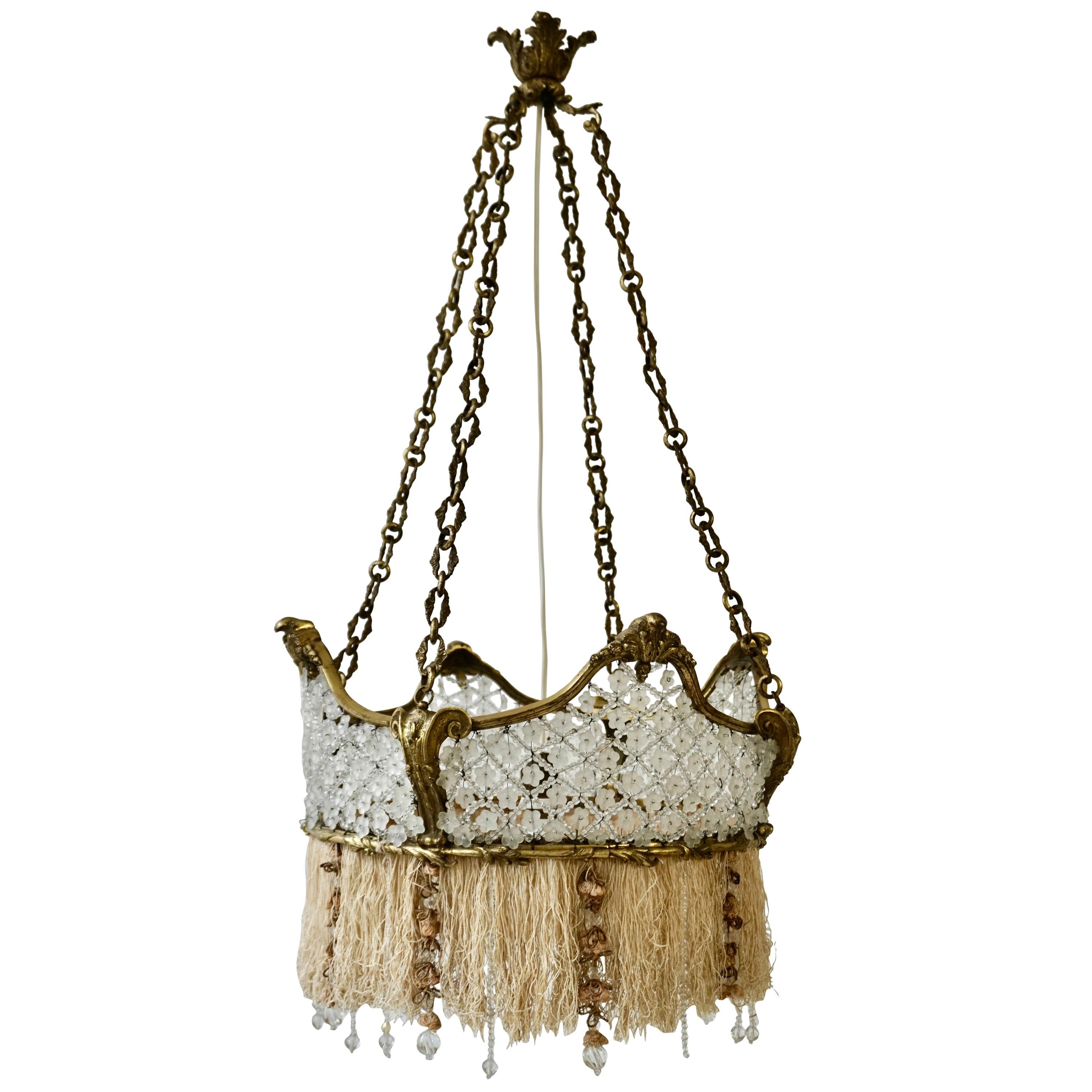 French Midcentury Bronze and Glass Flower Crown Chandelier with Gold Accents
