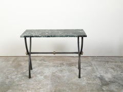 French Midcentury Bronze Console Table with Variegated Green Marble Top