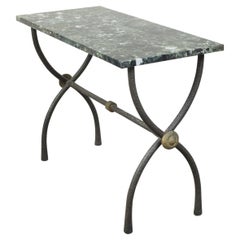 French Midcentury Bronze Console Table with Variegated Green Marble Top