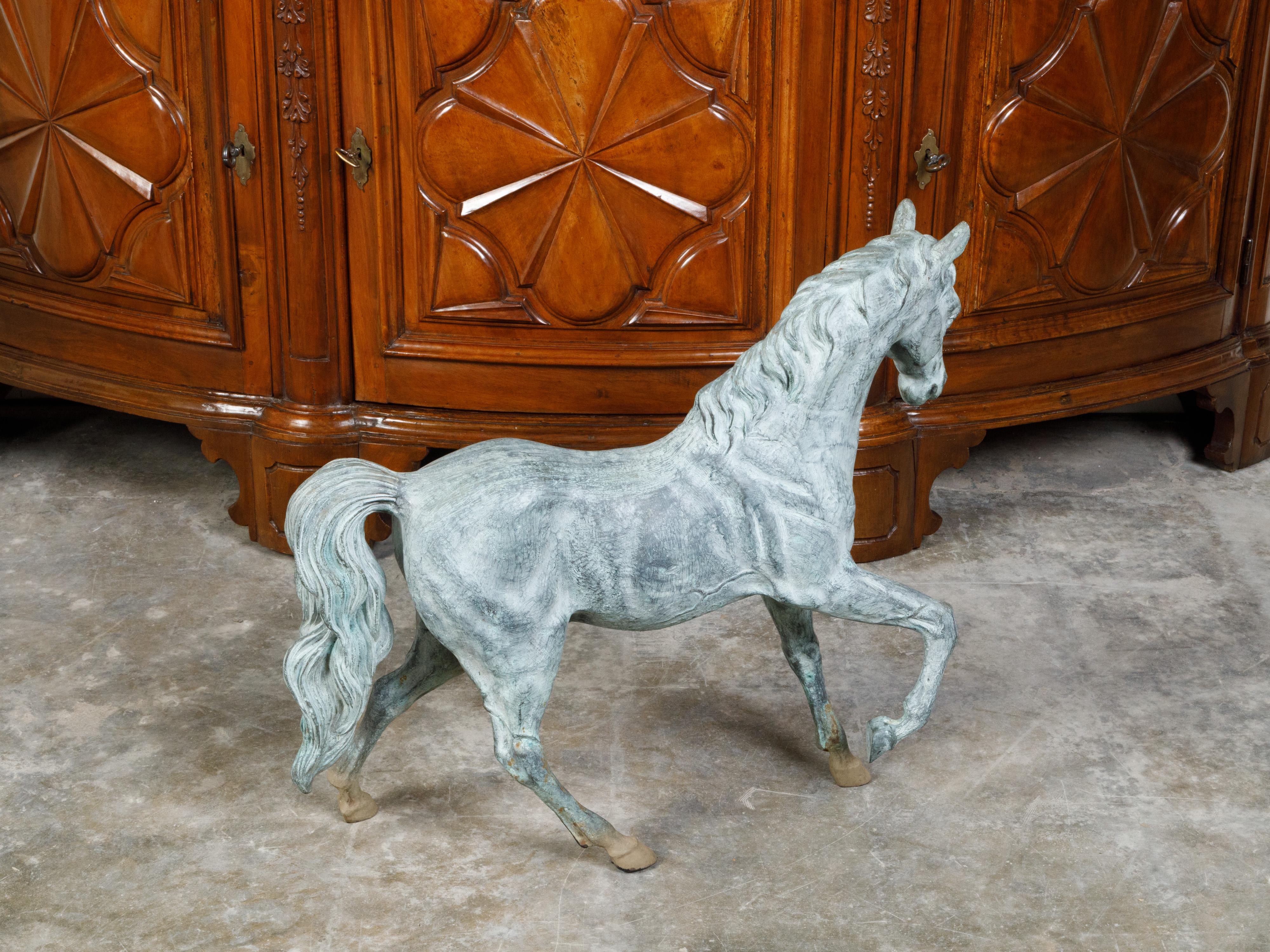 French Midcentury Bronze Horse Statue with Raised Hoof and Patina For Sale 6