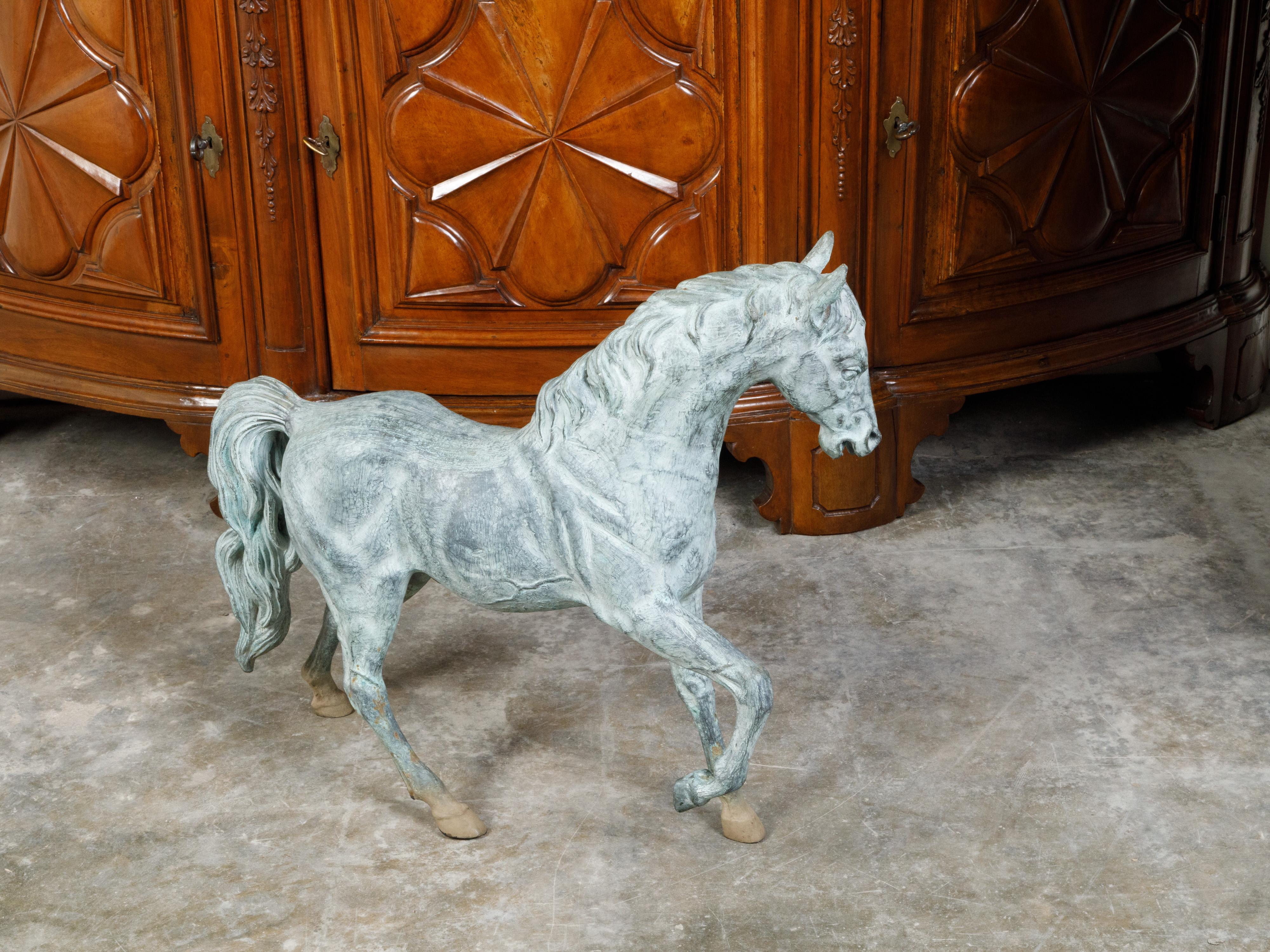 French Midcentury Bronze Horse Statue with Raised Hoof and Patina For Sale 7