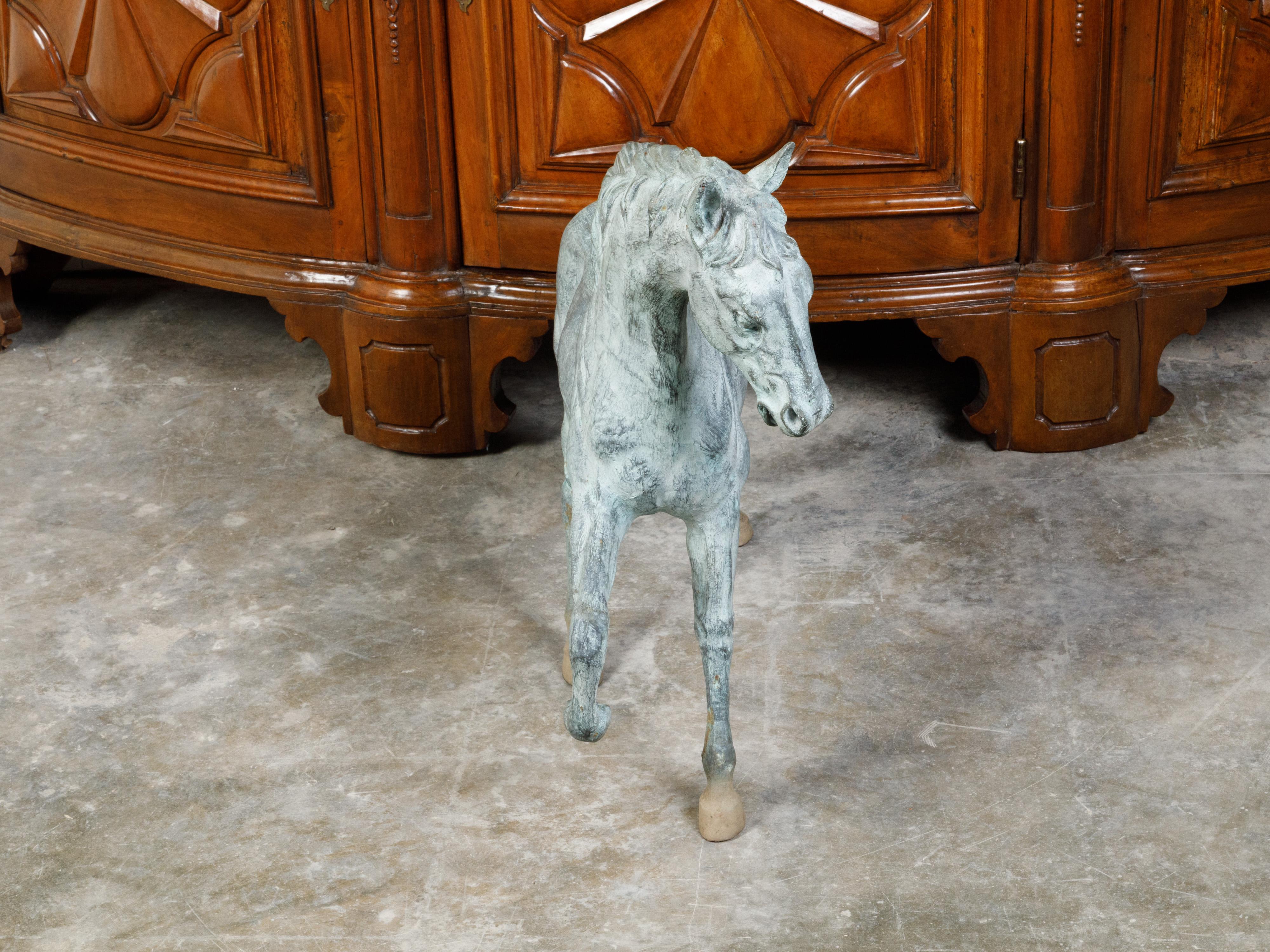 French Midcentury Bronze Horse Statue with Raised Hoof and Patina For Sale 8