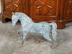 French Midcentury Bronze Horse Statue with Raised Hoof and Patina