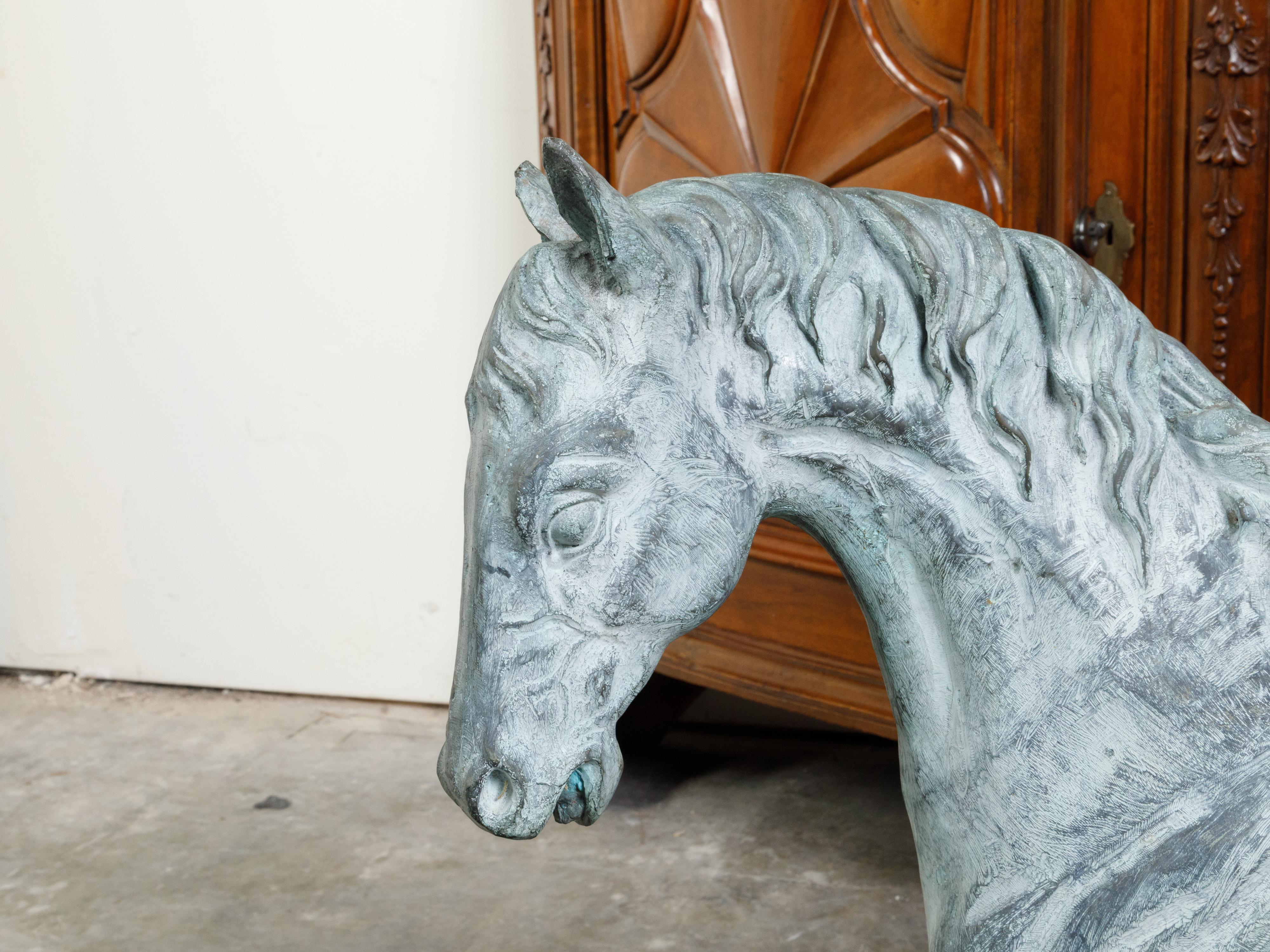 French Midcentury Bronze Horse Statue with Raised Hoof and Patina In Good Condition For Sale In Atlanta, GA
