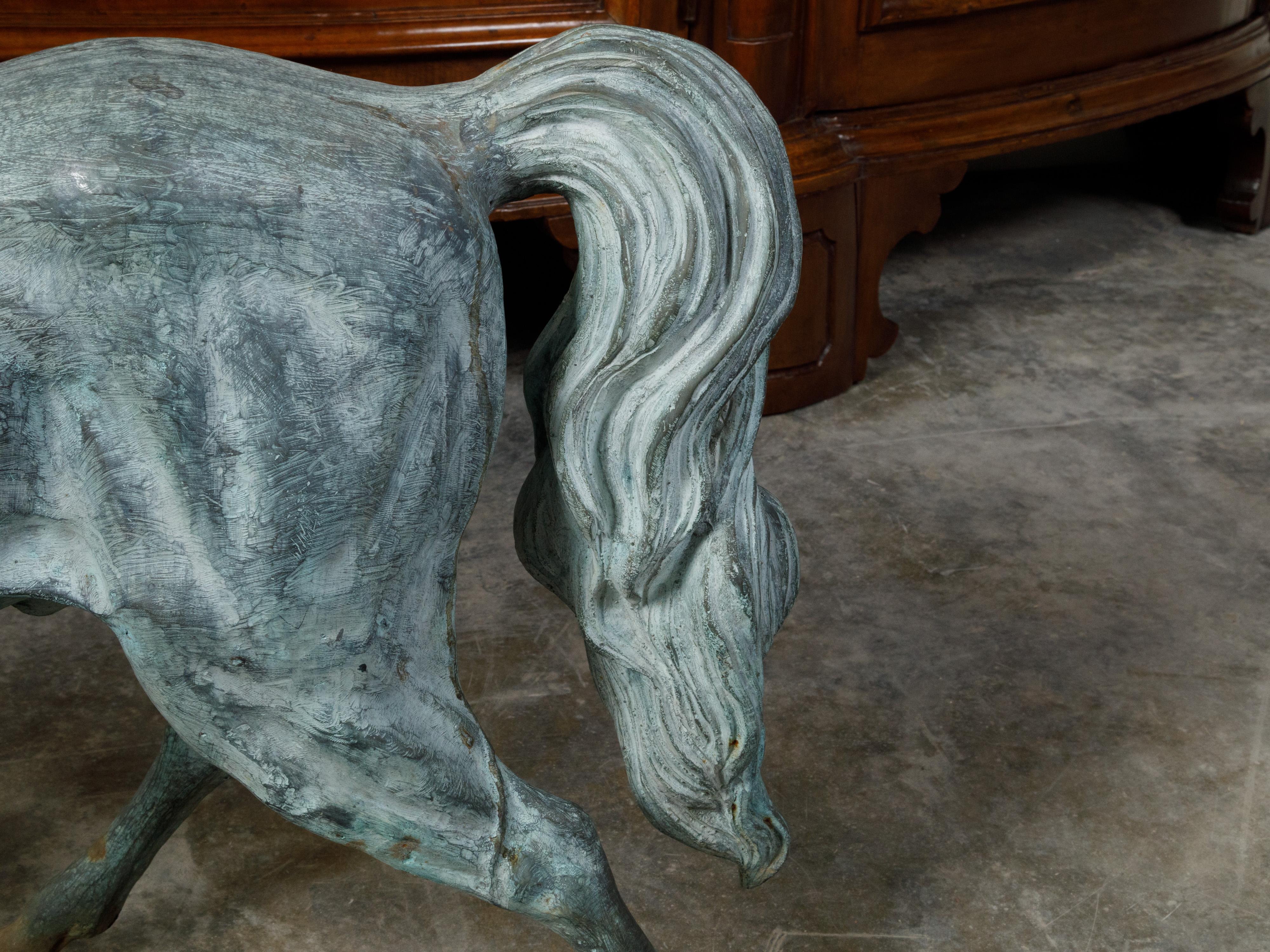 20th Century French Midcentury Bronze Horse Statue with Raised Hoof and Patina For Sale