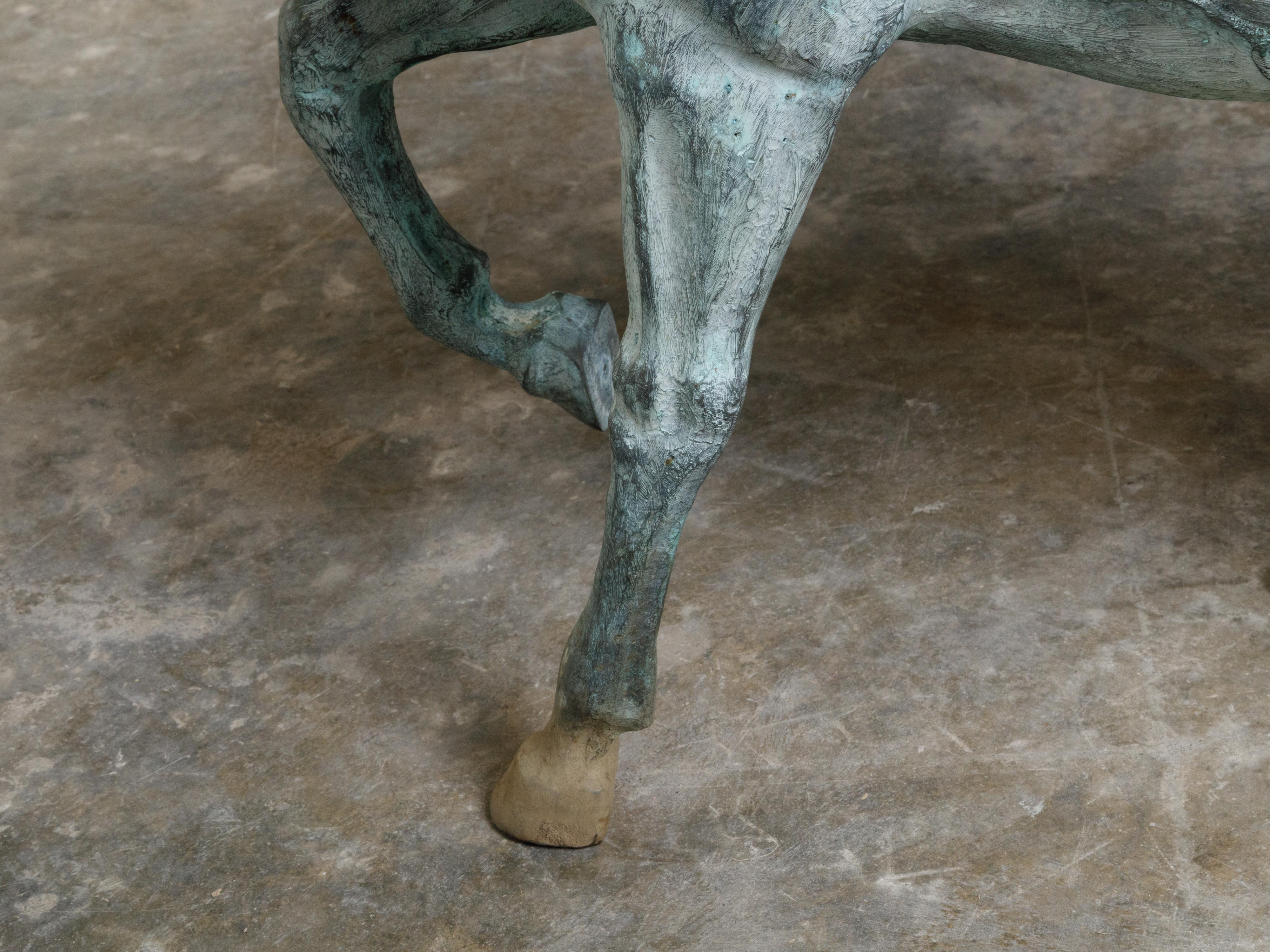 French Midcentury Bronze Horse Statue with Raised Hoof and Patina For Sale 1