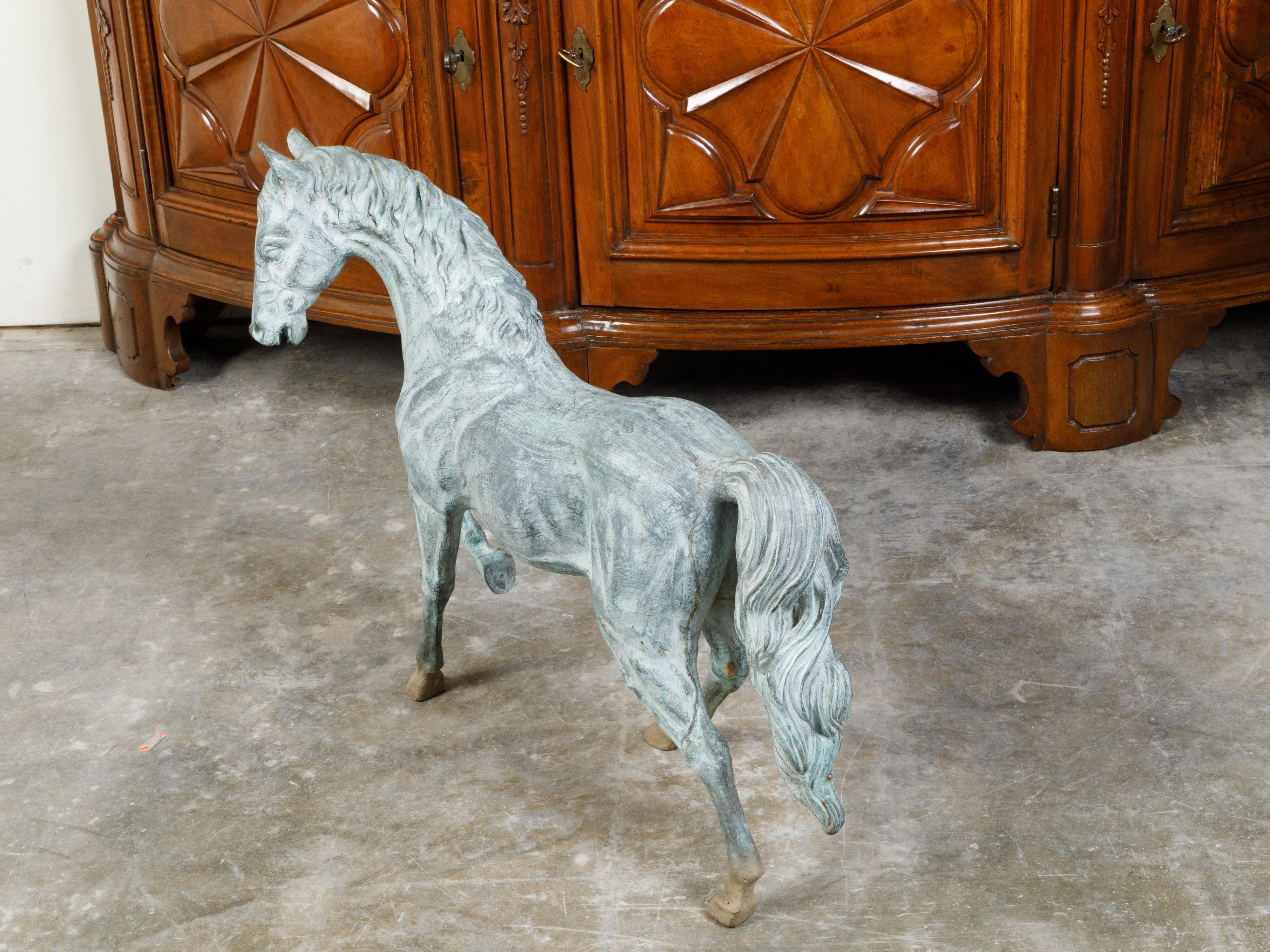French Midcentury Bronze Horse Statue with Raised Hoof and Patina For Sale 3