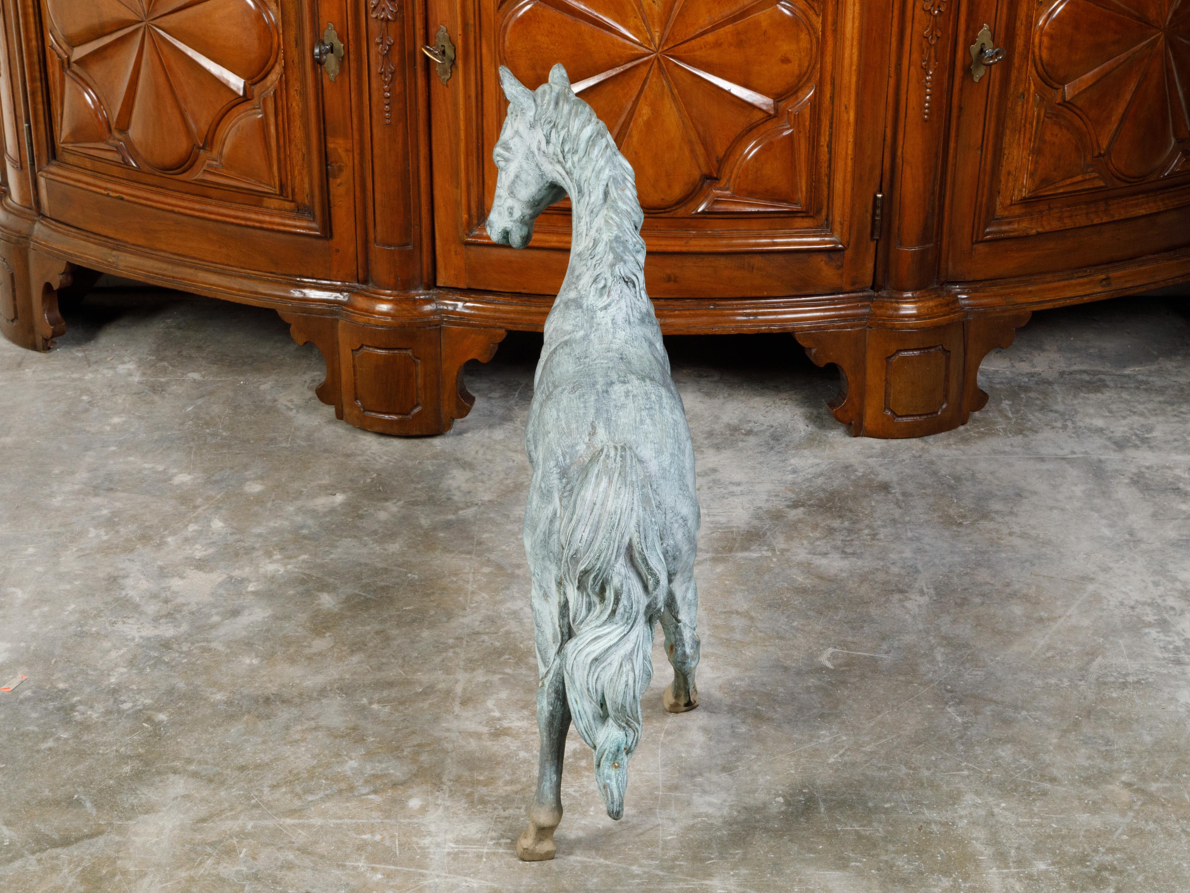French Midcentury Bronze Horse Statue with Raised Hoof and Patina For Sale 4