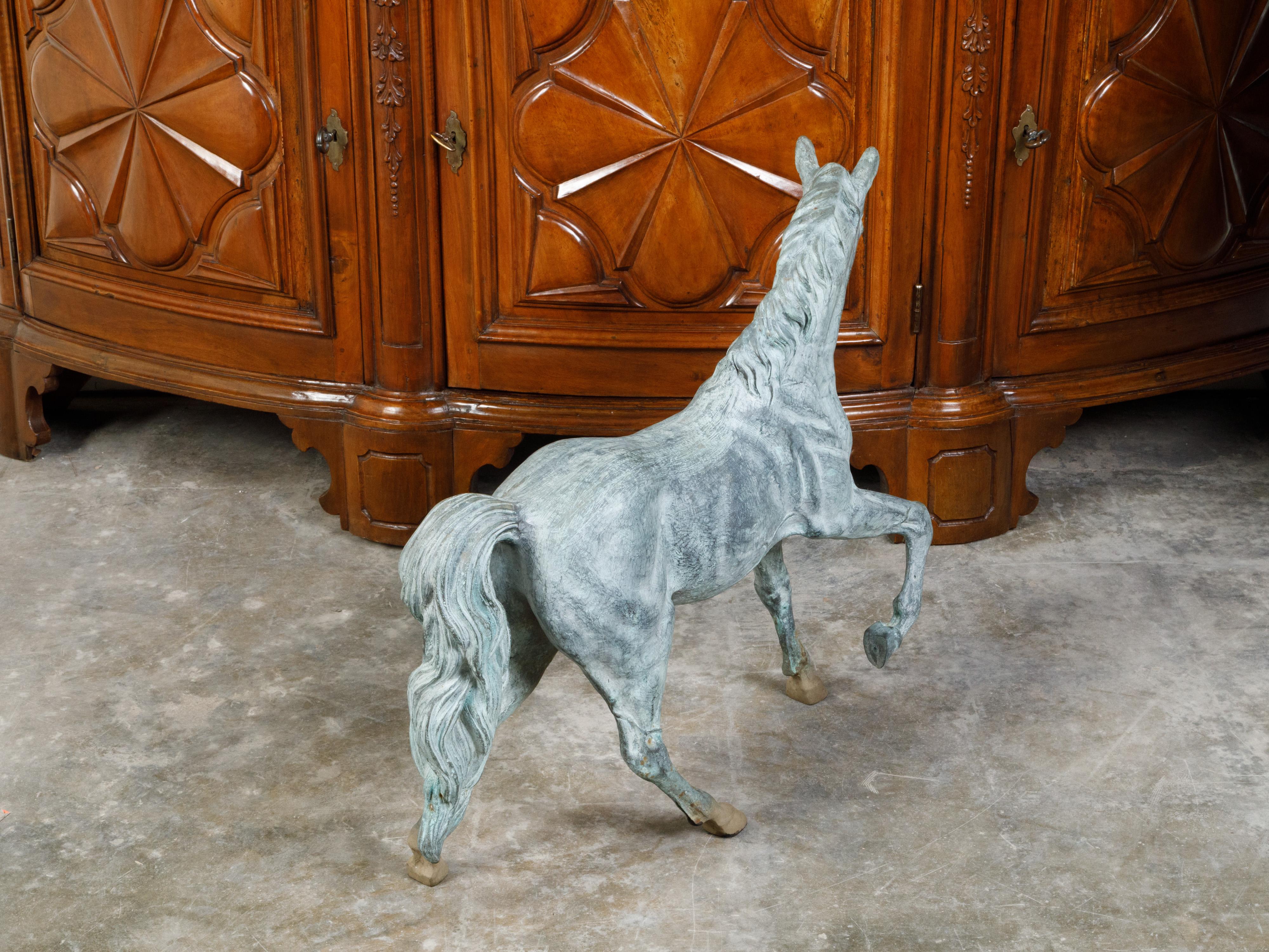 French Midcentury Bronze Horse Statue with Raised Hoof and Patina For Sale 5