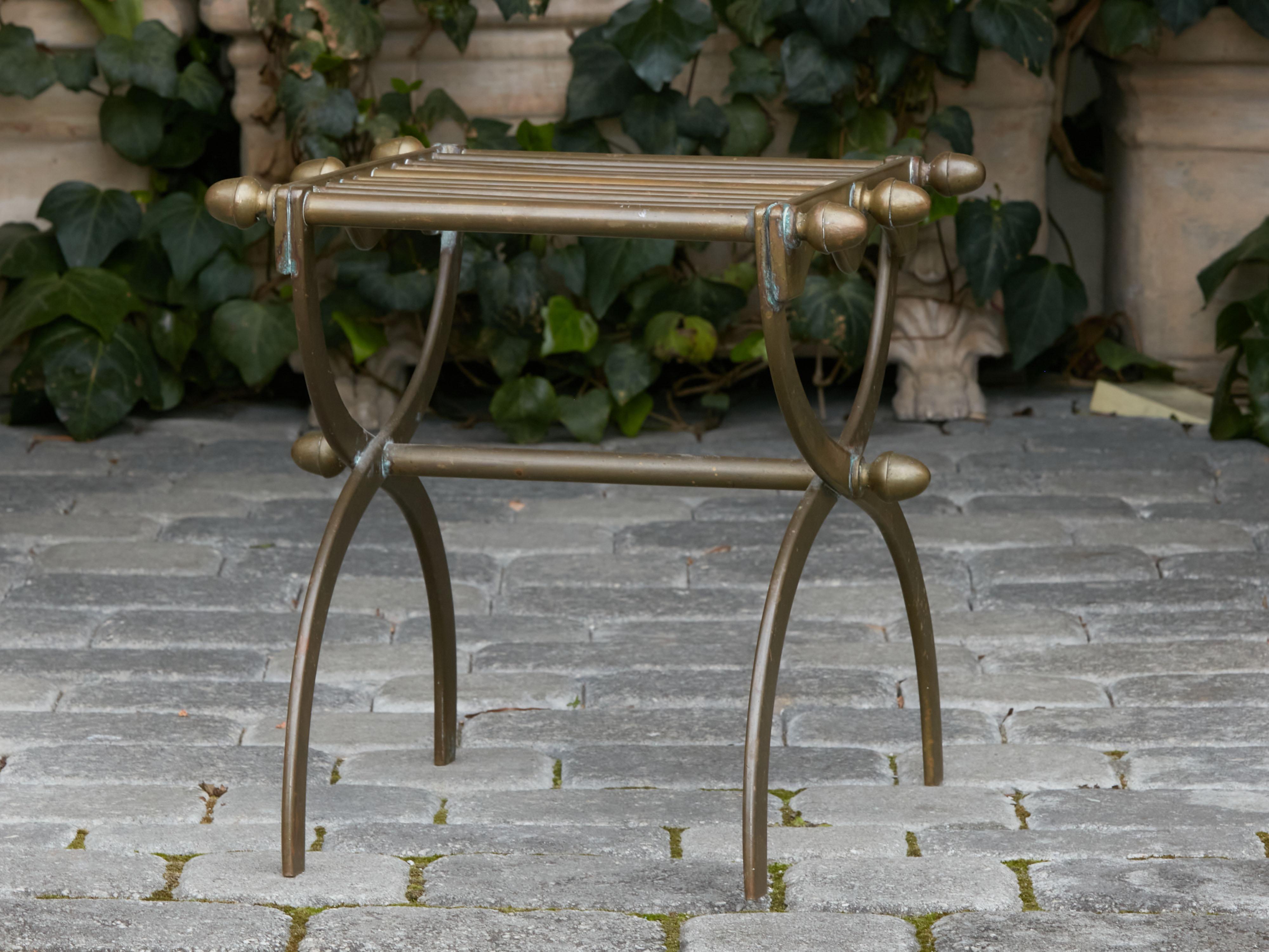 Mid-Century Modern French Mid-Century Bronze Stool with Double X-Form Base and Acorn Motifs For Sale