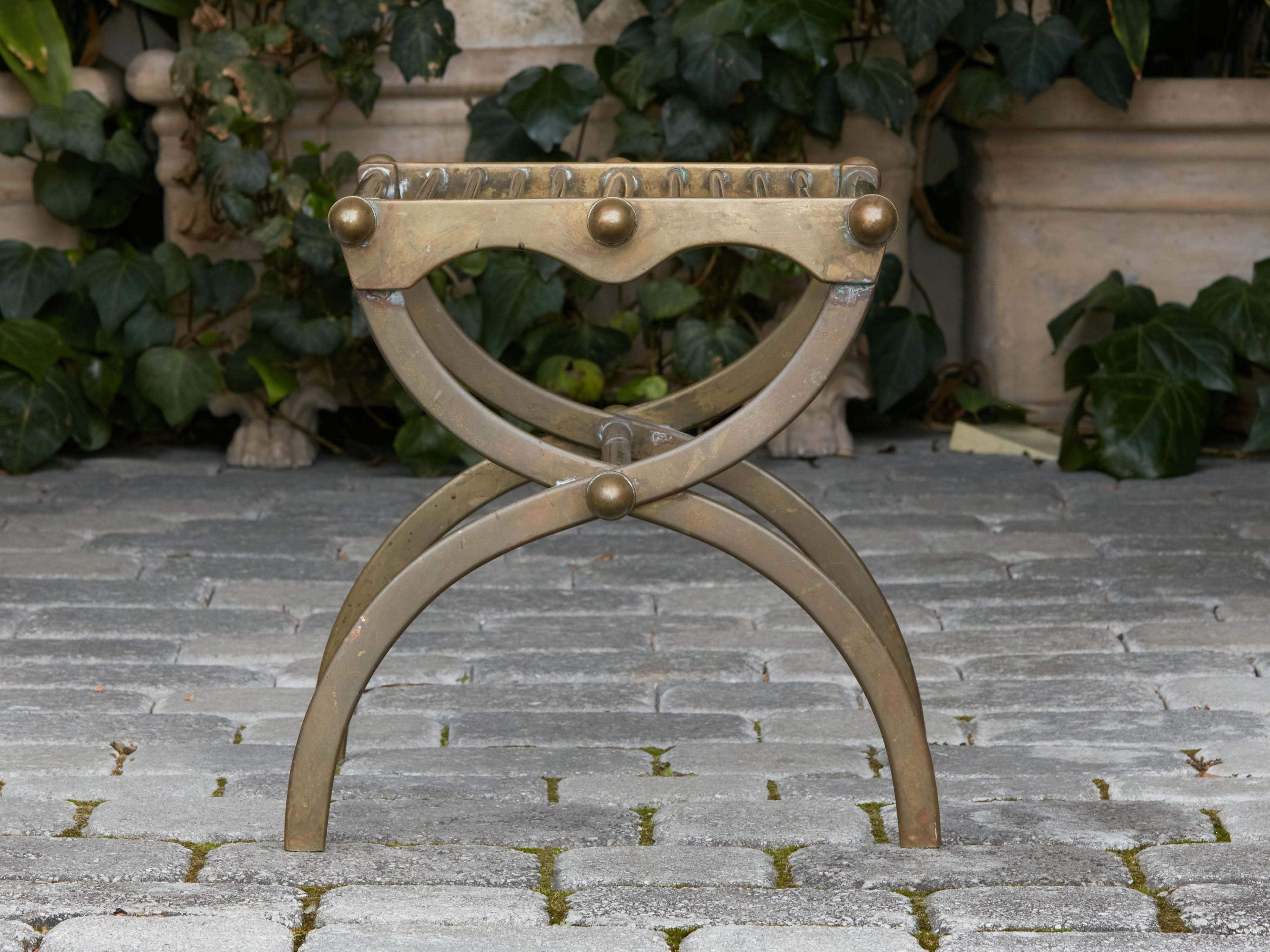 French Mid-Century Bronze Stool with Double X-Form Base and Acorn Motifs In Good Condition For Sale In Atlanta, GA