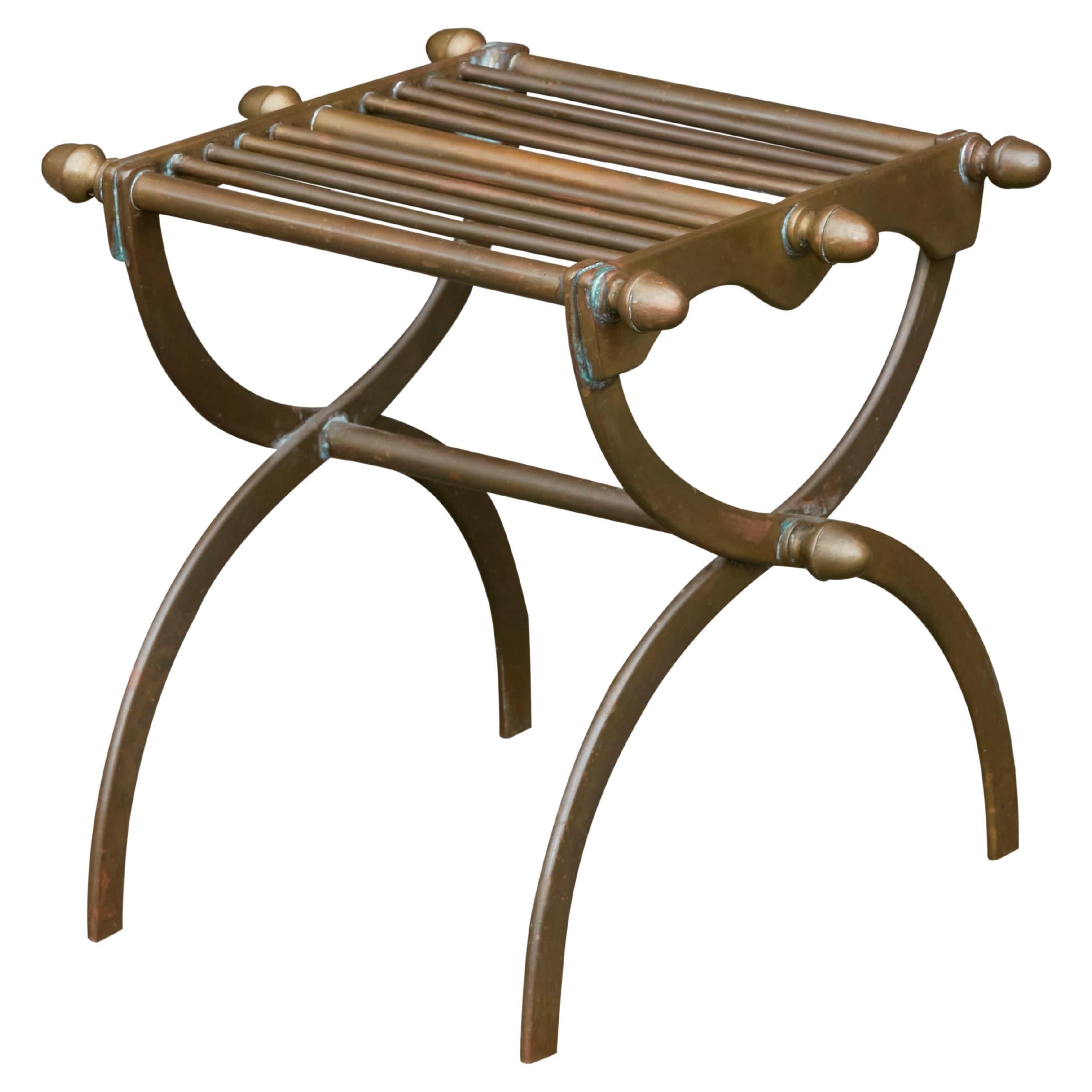 French Mid-Century Bronze Stool with Double X-Form Base and Acorn Motifs For Sale