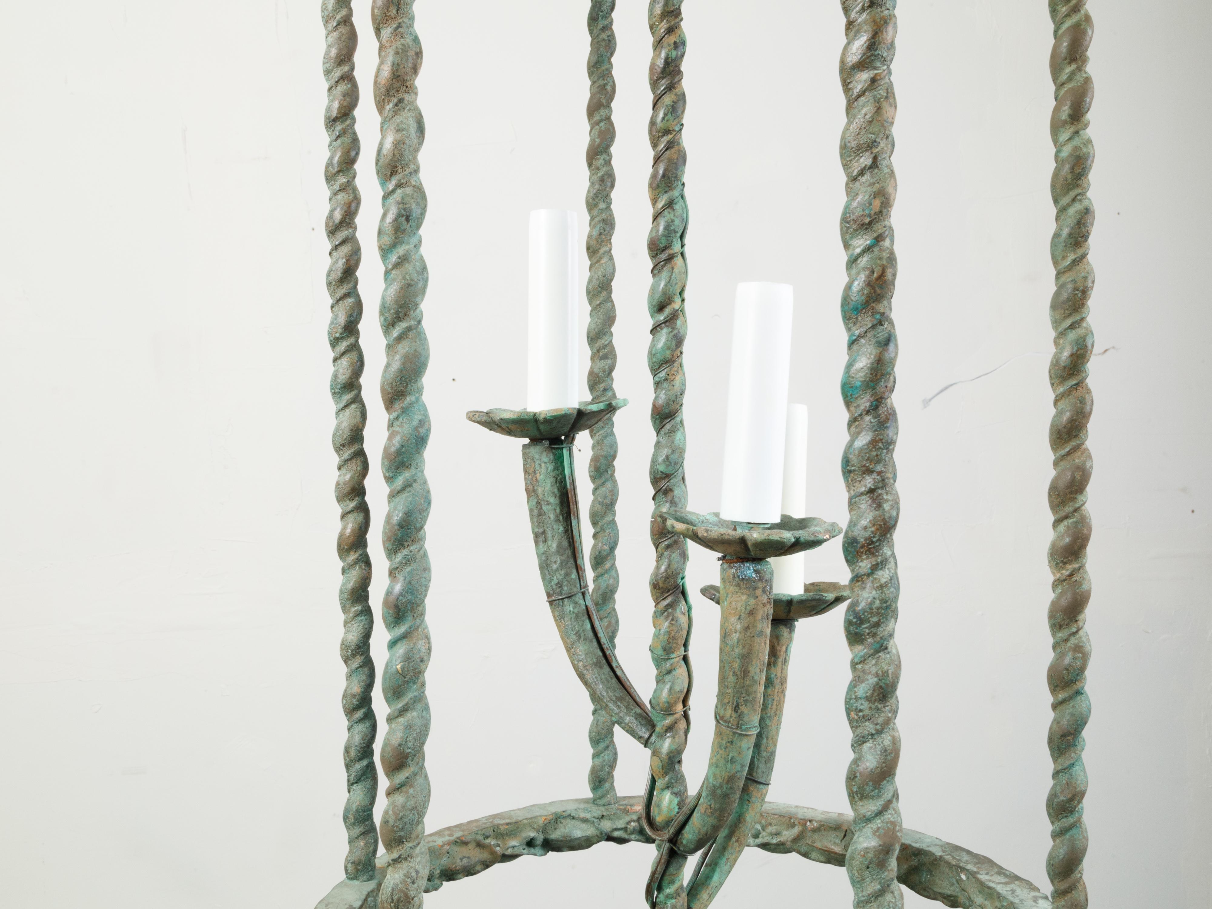 French Midcentury Bronze Three-Lights Lantern with Verdigris Patina In Good Condition For Sale In Atlanta, GA