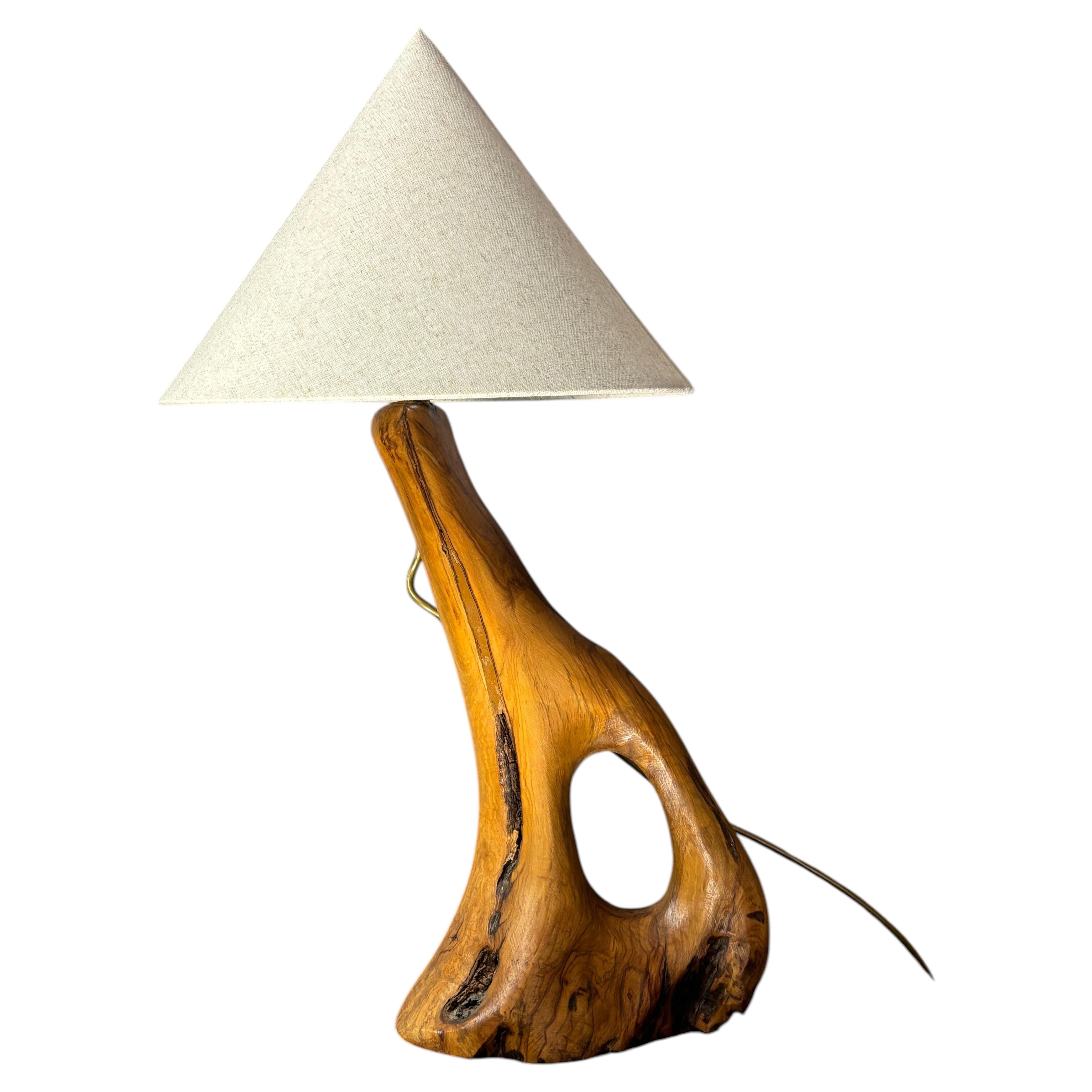 French midcentury brutalist olive wood table lamp, 1950s