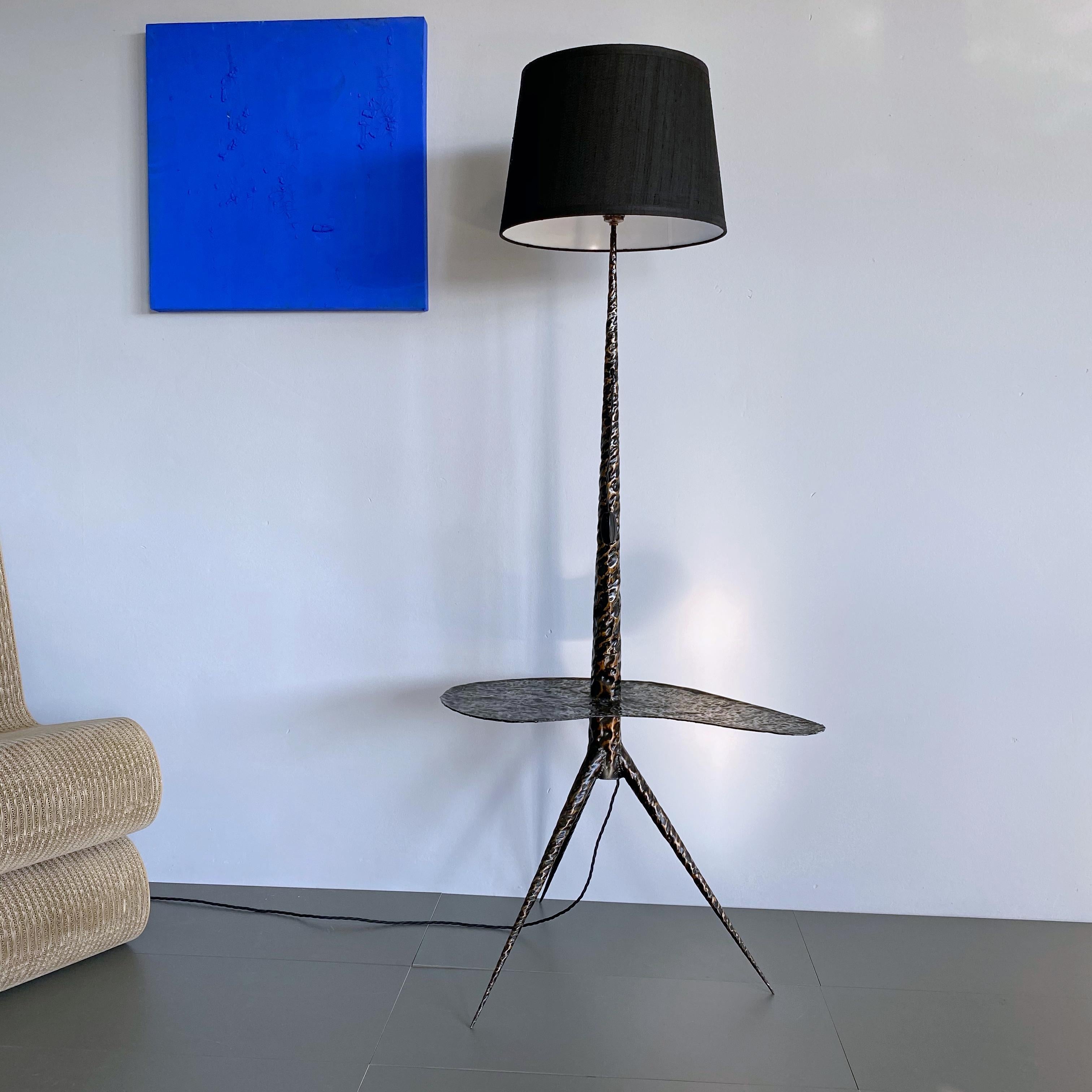 Hammered French Midcentury Brutalist Tripod Floor Lamp with Table, 1960s, France