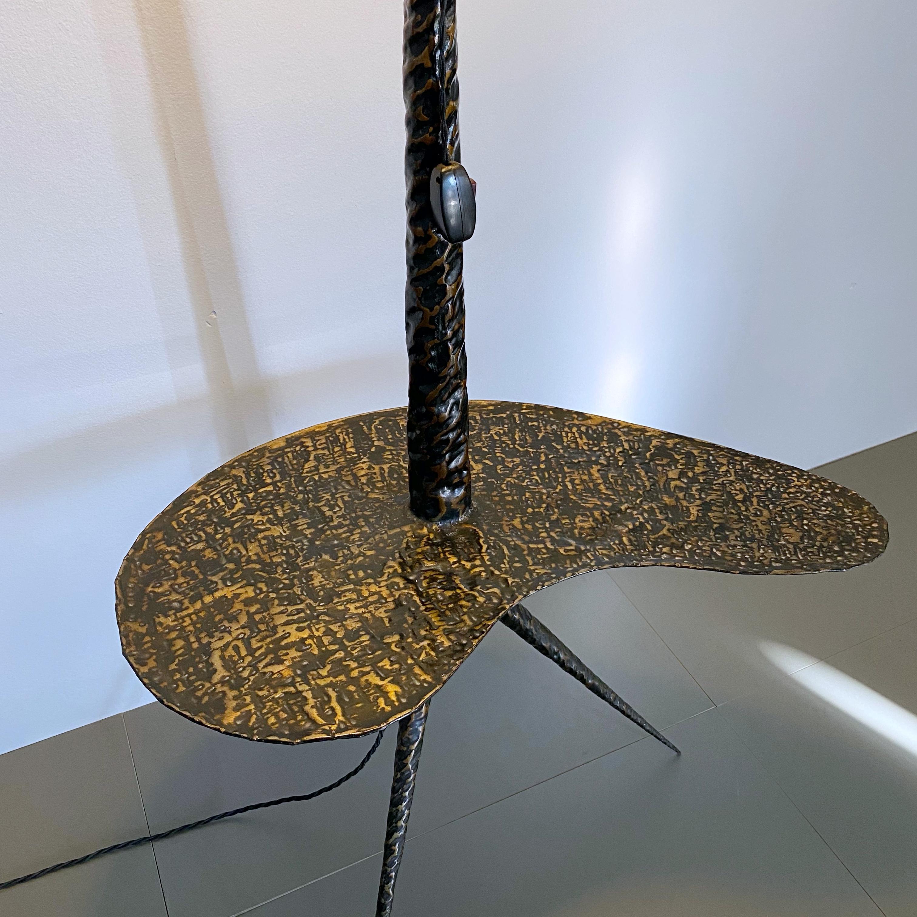 Metal French Midcentury Brutalist Tripod Floor Lamp with Table, 1960s, France