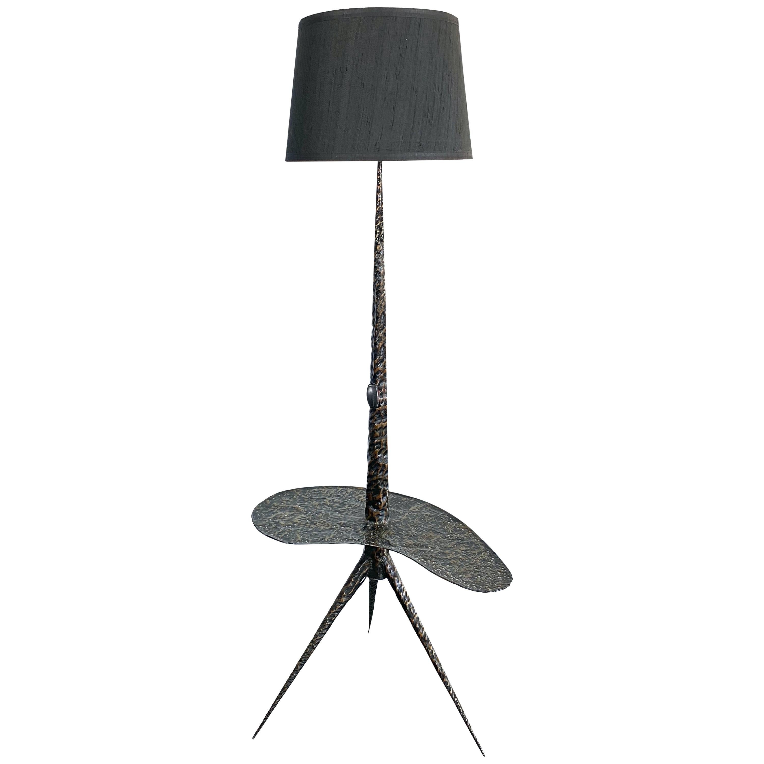 French Midcentury Brutalist Tripod Floor Lamp with Table, 1960s, France