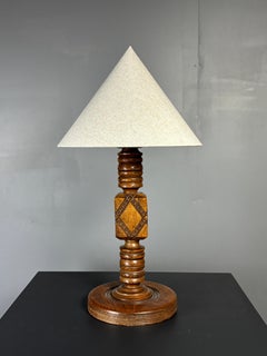 French midcentury brutalist wood turned hand crafted table lamp, 1950s