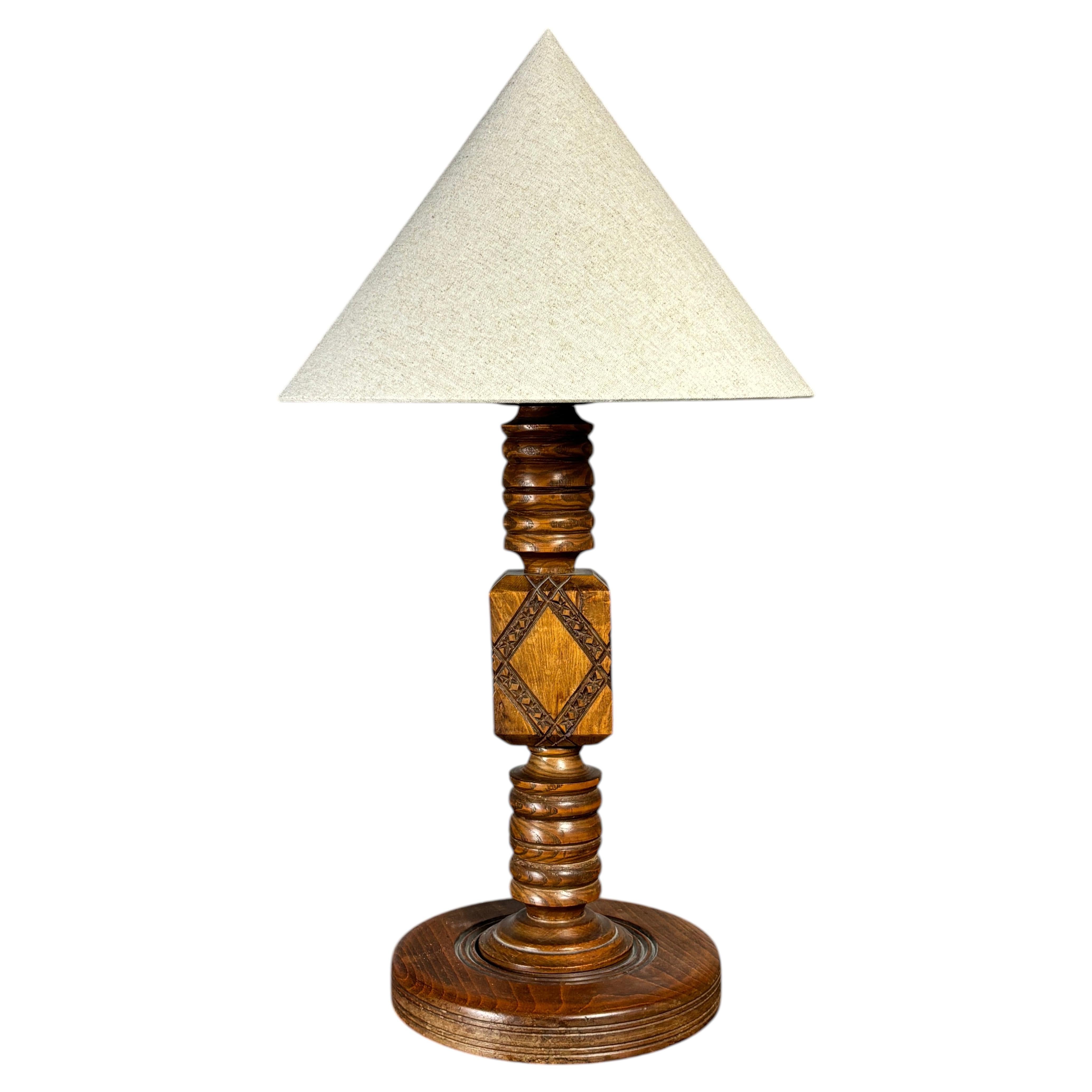 French midcentury brutalist wood turned hand crafted table lamp, 1950s