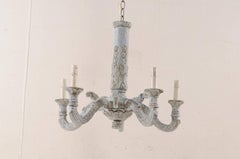 French Midcentury Carved and Painted Light Blue-Grey Wash Five-Light Chandelier