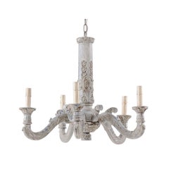 French Midcentury Carved and Painted Light Blue-Grey Wash Five-Light Chandelier