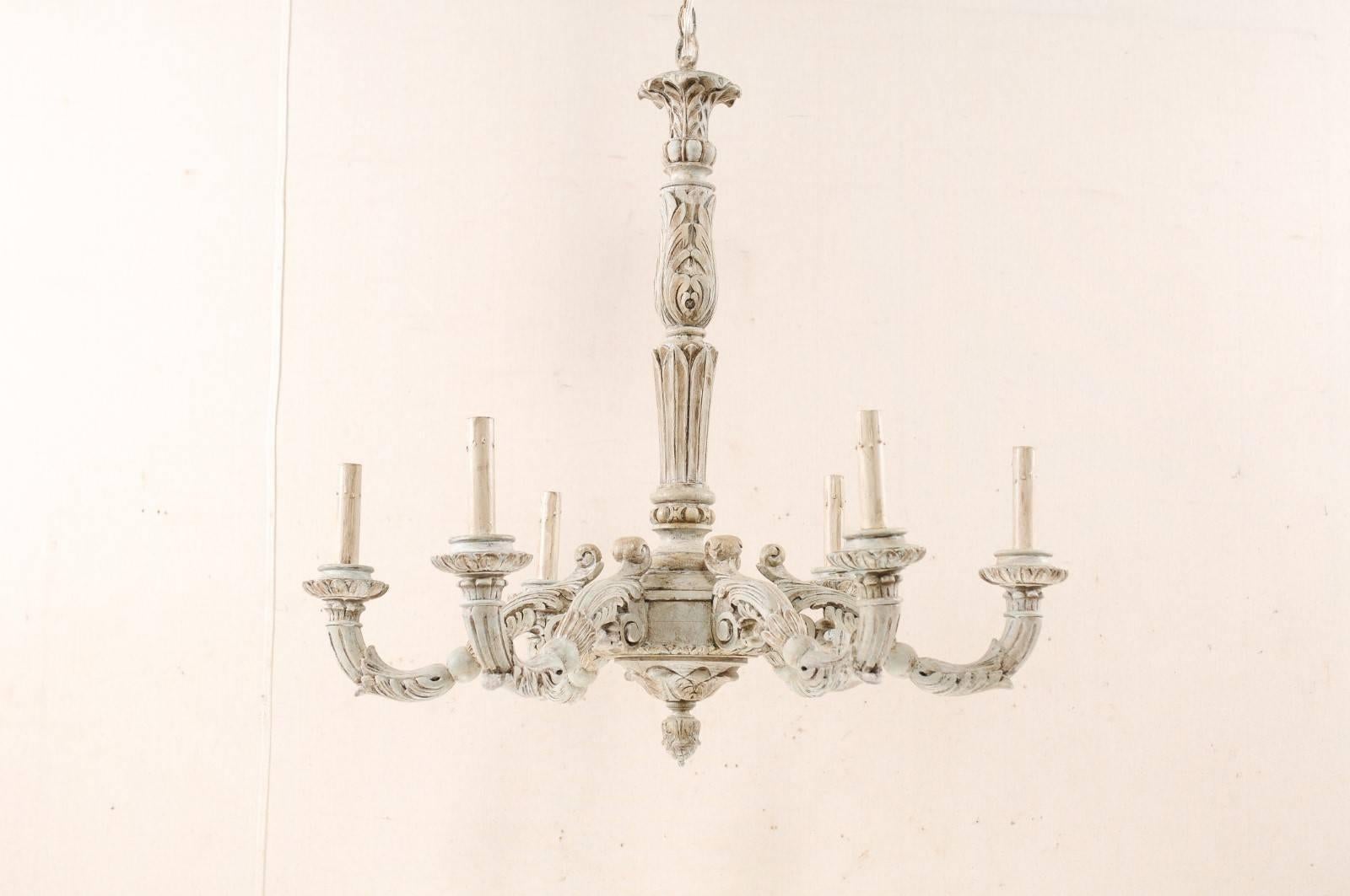 French Midcentury Carved and Painted Light Cream Wood Chandelier In Good Condition In Atlanta, GA