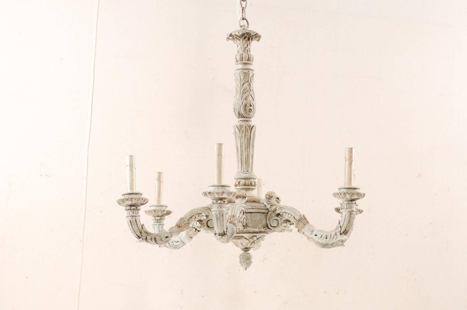 20th Century French Midcentury Carved and Painted Light Cream Wood Chandelier