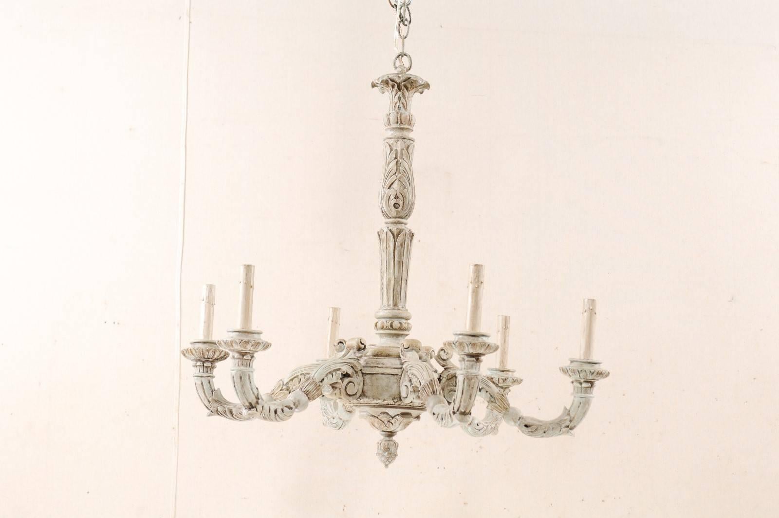 French Midcentury Carved and Painted Light Cream Wood Chandelier 1