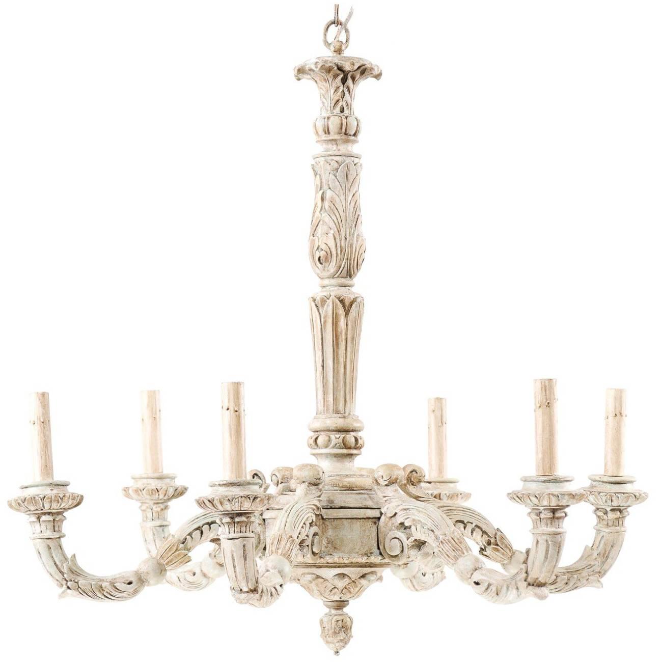 French Midcentury Carved and Painted Light Cream Wood Chandelier