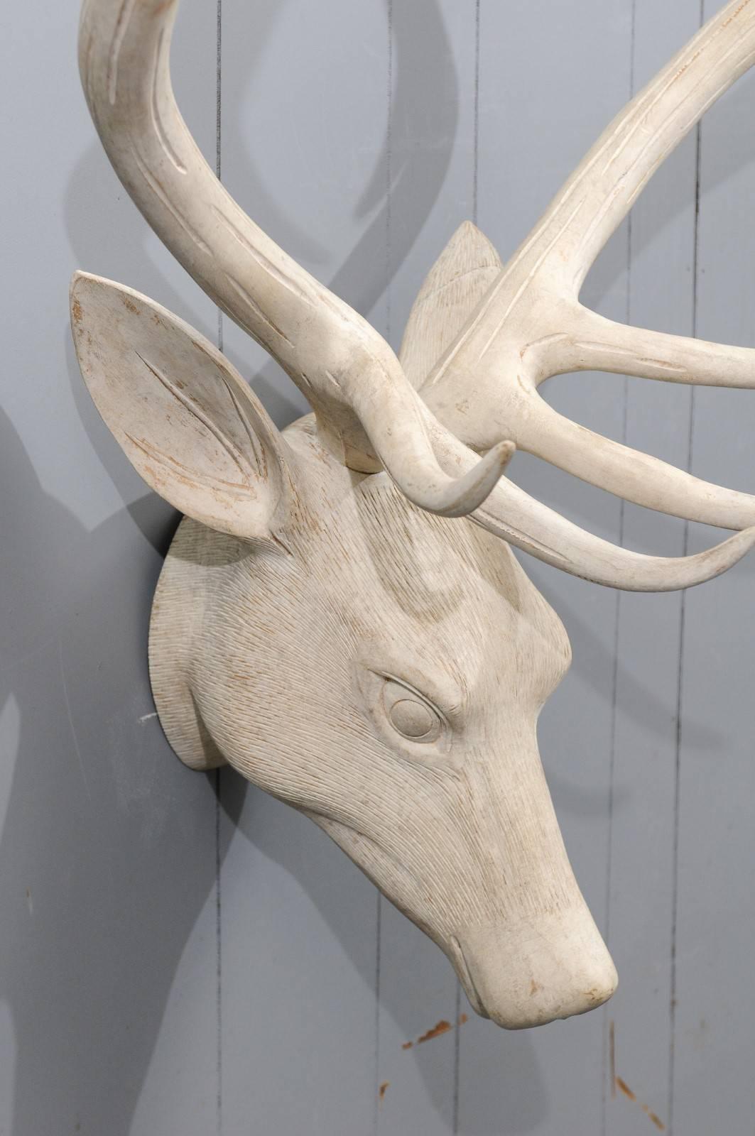 French Midcentury Carved and Painted Wooden Deer Head with Antlers 4