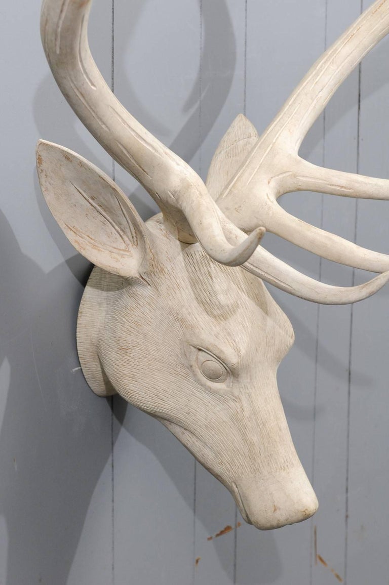 French Midcentury Carved and Painted Wooden Deer Head with Antlers at
