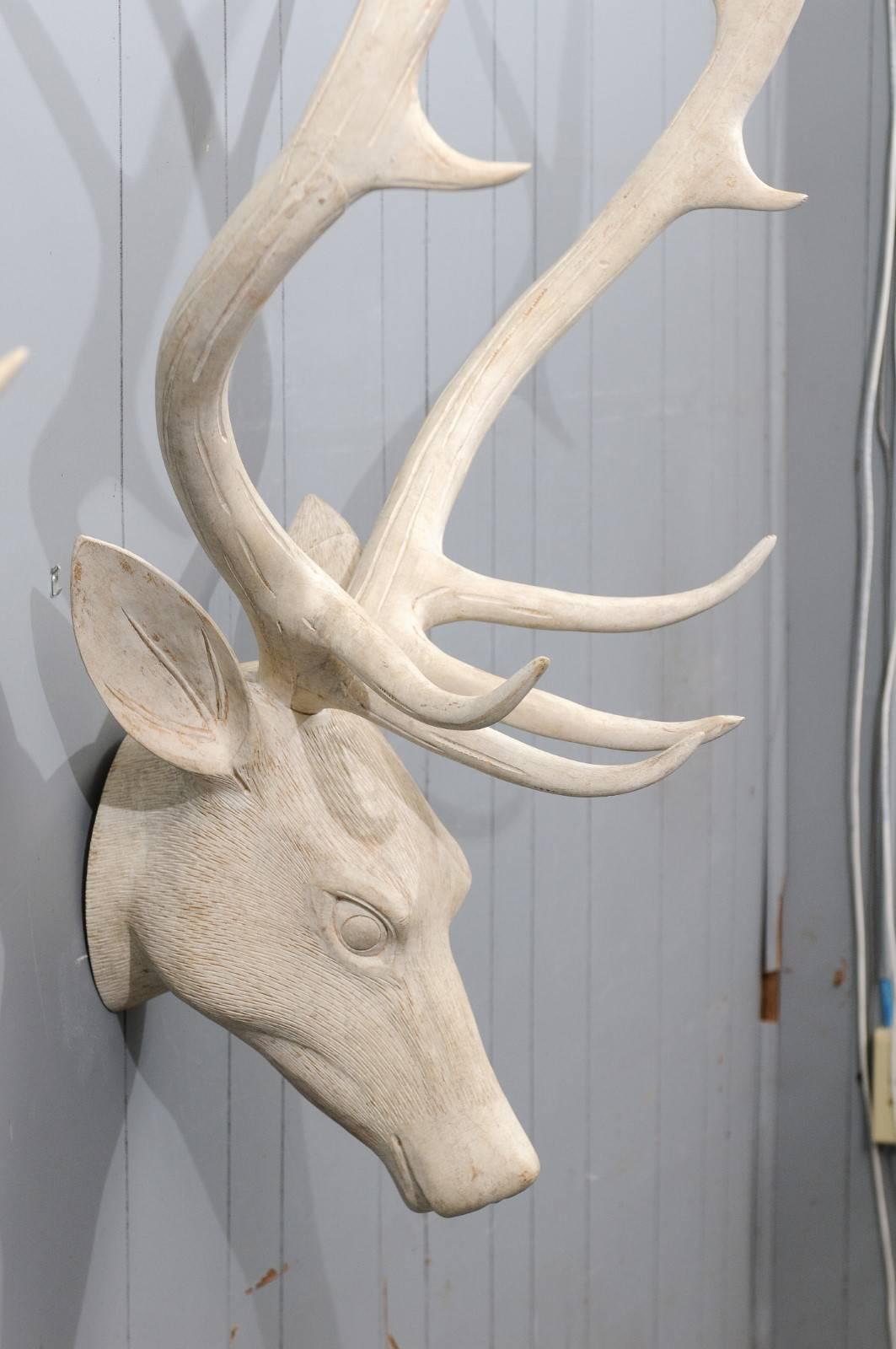 French Midcentury Carved and Painted Wooden Deer Head with Antlers In Good Condition In Atlanta, GA