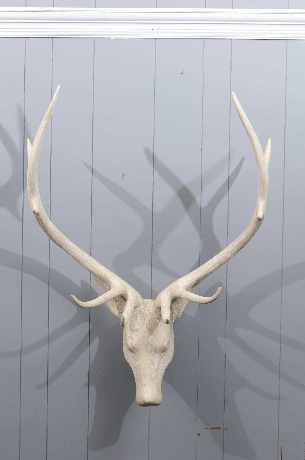 20th Century French Midcentury Carved and Painted Wooden Deer Head with Antlers