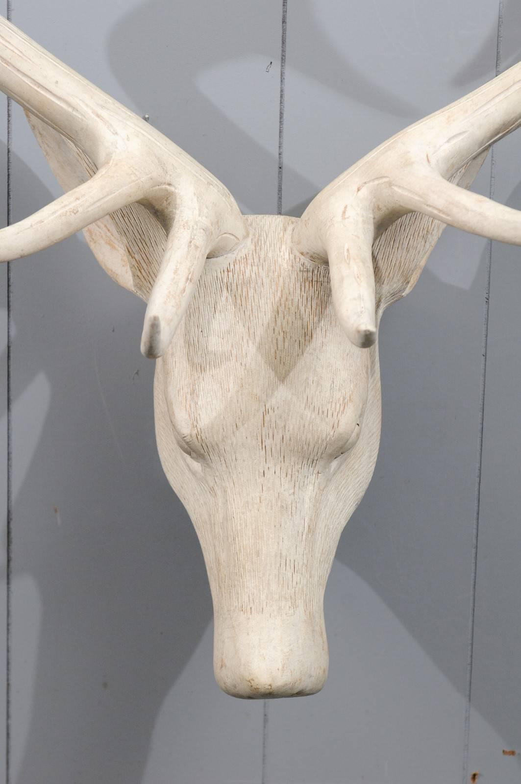 French Midcentury Carved and Painted Wooden Deer Head with Antlers 1