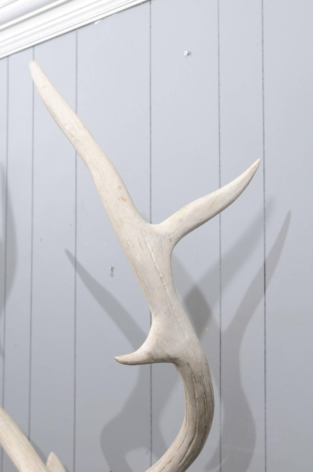 French Midcentury Carved and Painted Wooden Deer Head with Antlers 2