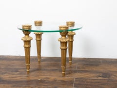 French Midcentury Carved Giltwood Drinks Table with Round Glass Top and Rosettes