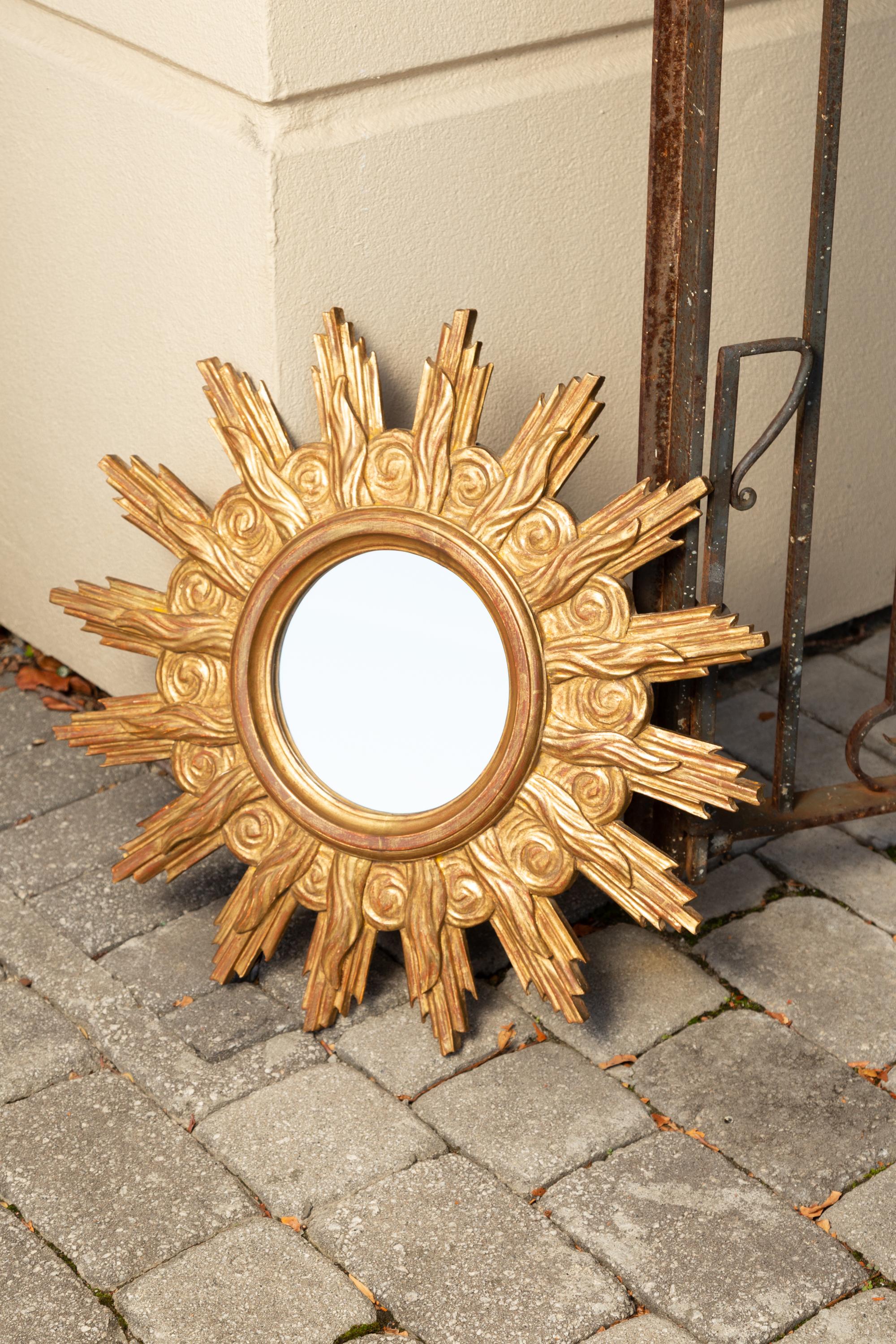 French Midcentury Carved Giltwood Sunburst Mirror with Cloudy Frame For Sale 9
