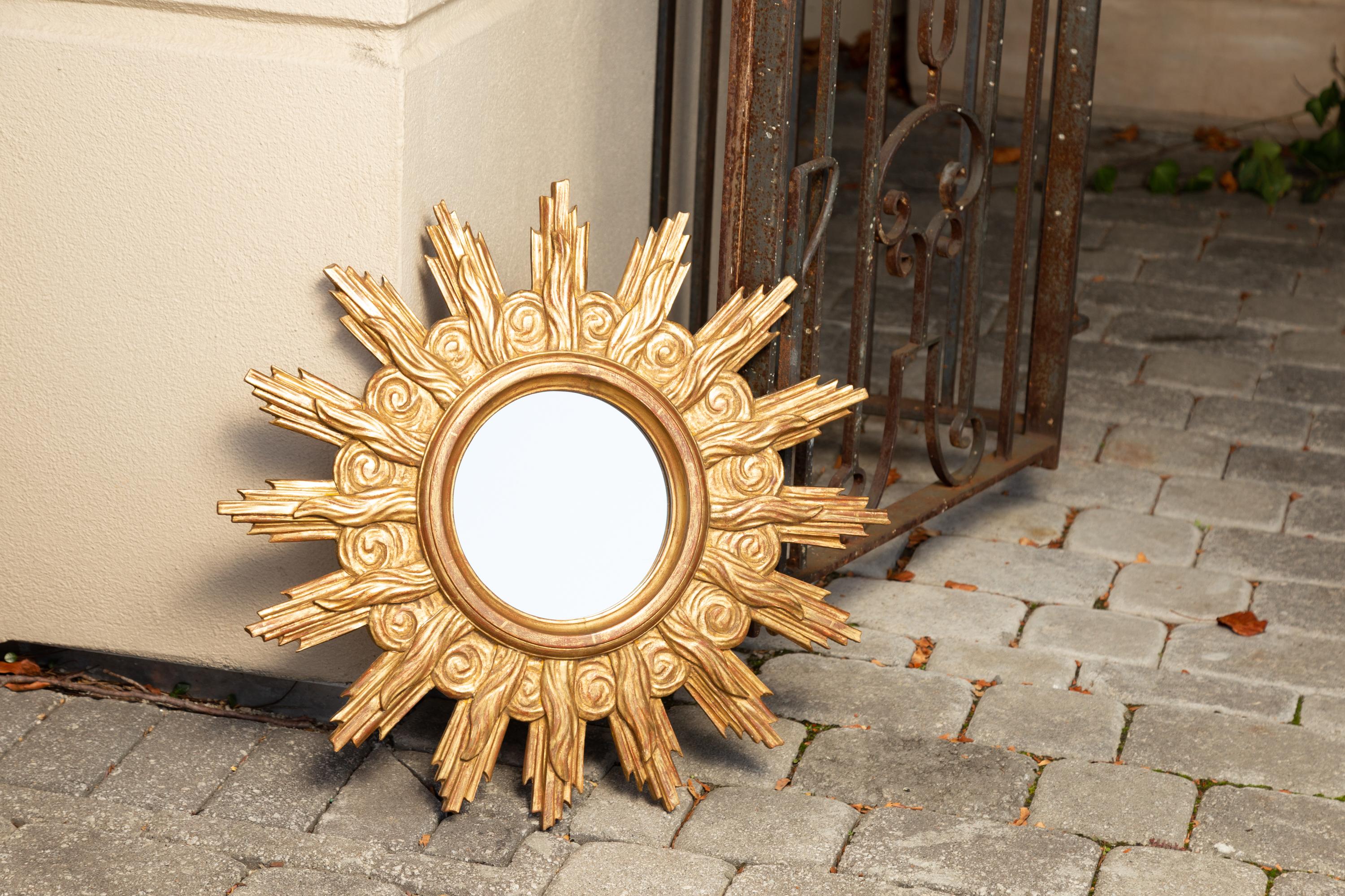 French Midcentury Carved Giltwood Sunburst Mirror with Cloudy Frame For Sale 10