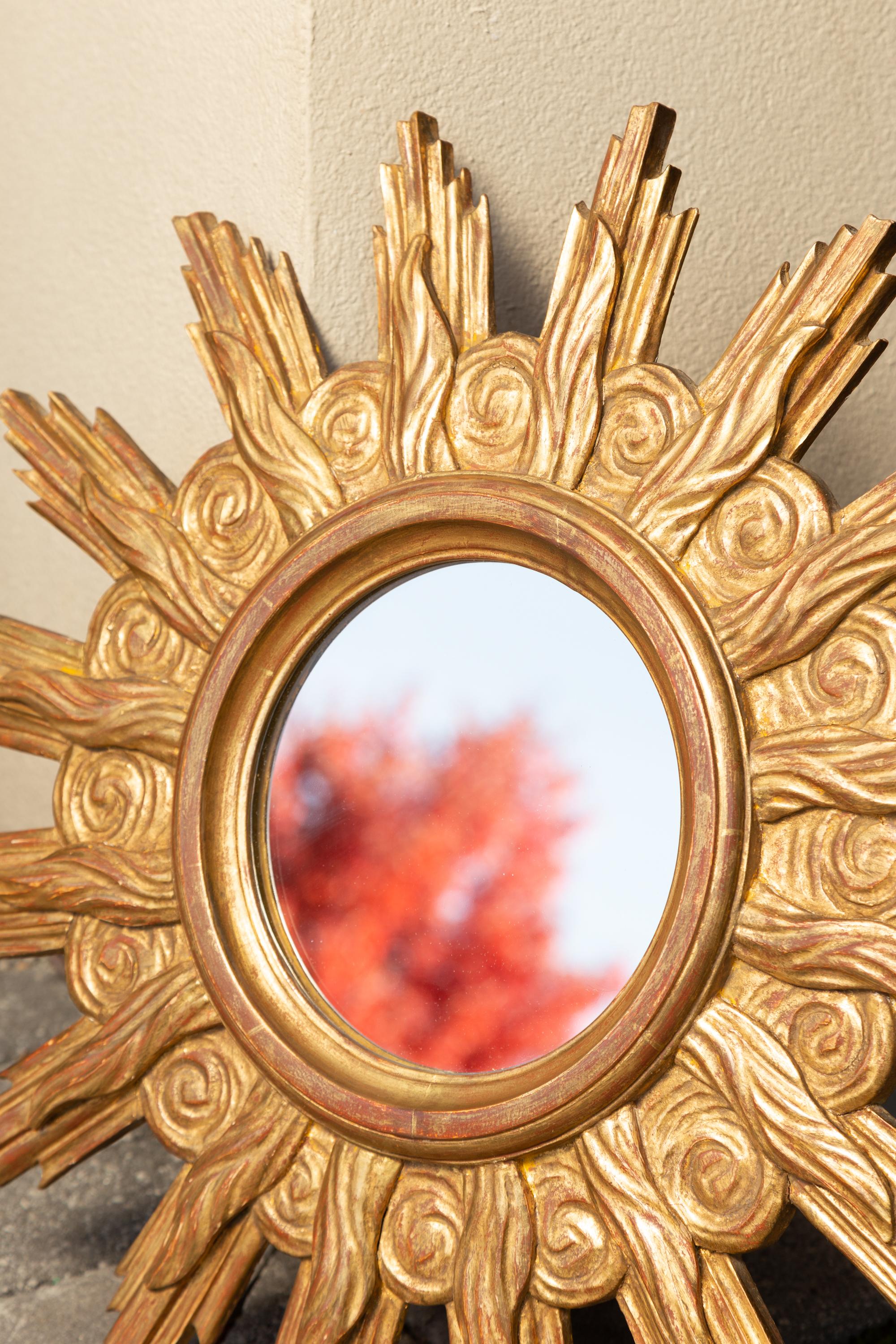 20th Century French Midcentury Carved Giltwood Sunburst Mirror with Cloudy Frame For Sale