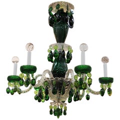 French Midcentury Chandelier in Green and Clear Glass with Fruit Accents
